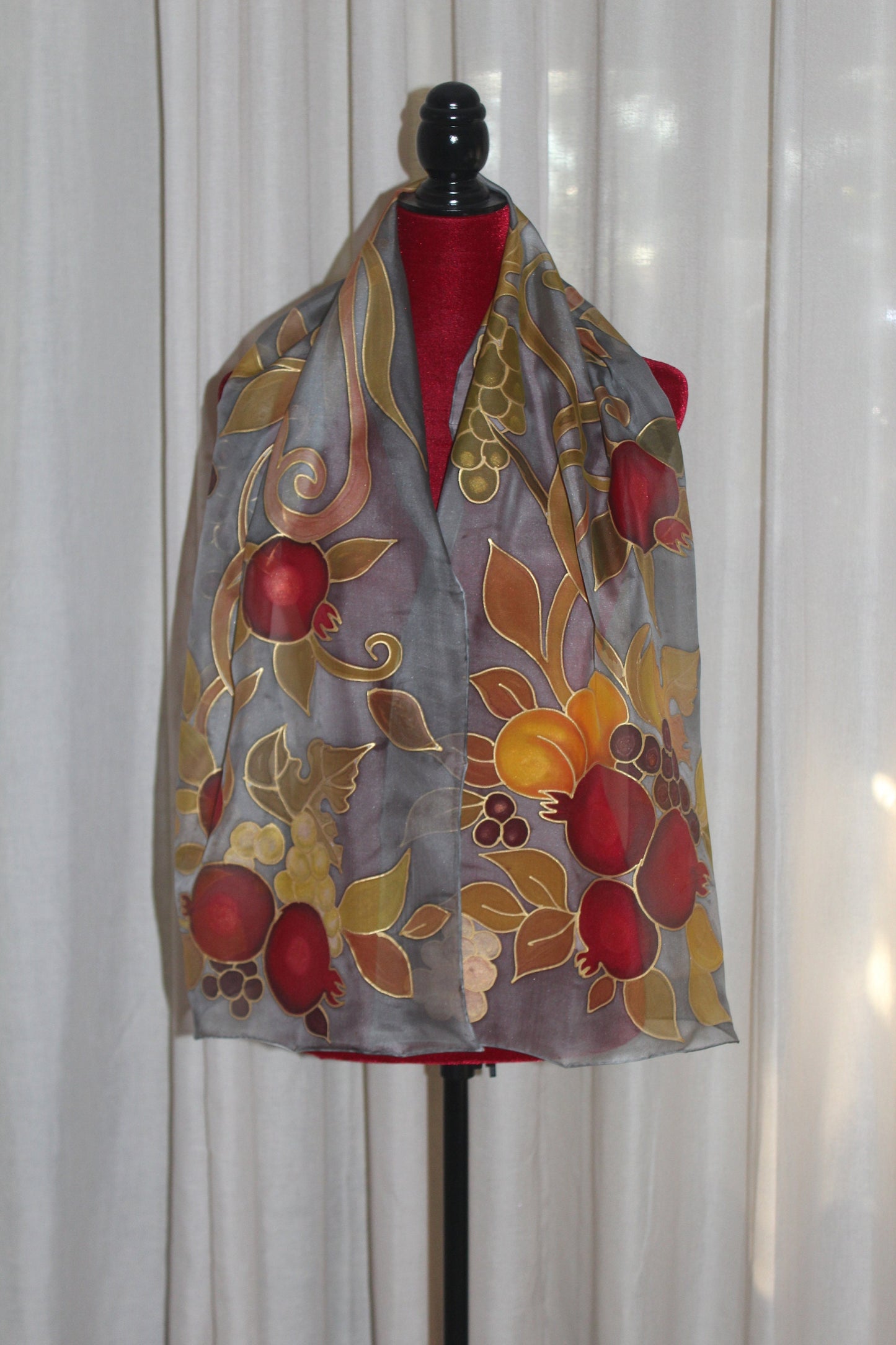 Hand painted fruits scarf, Pomegranates apricots grapes