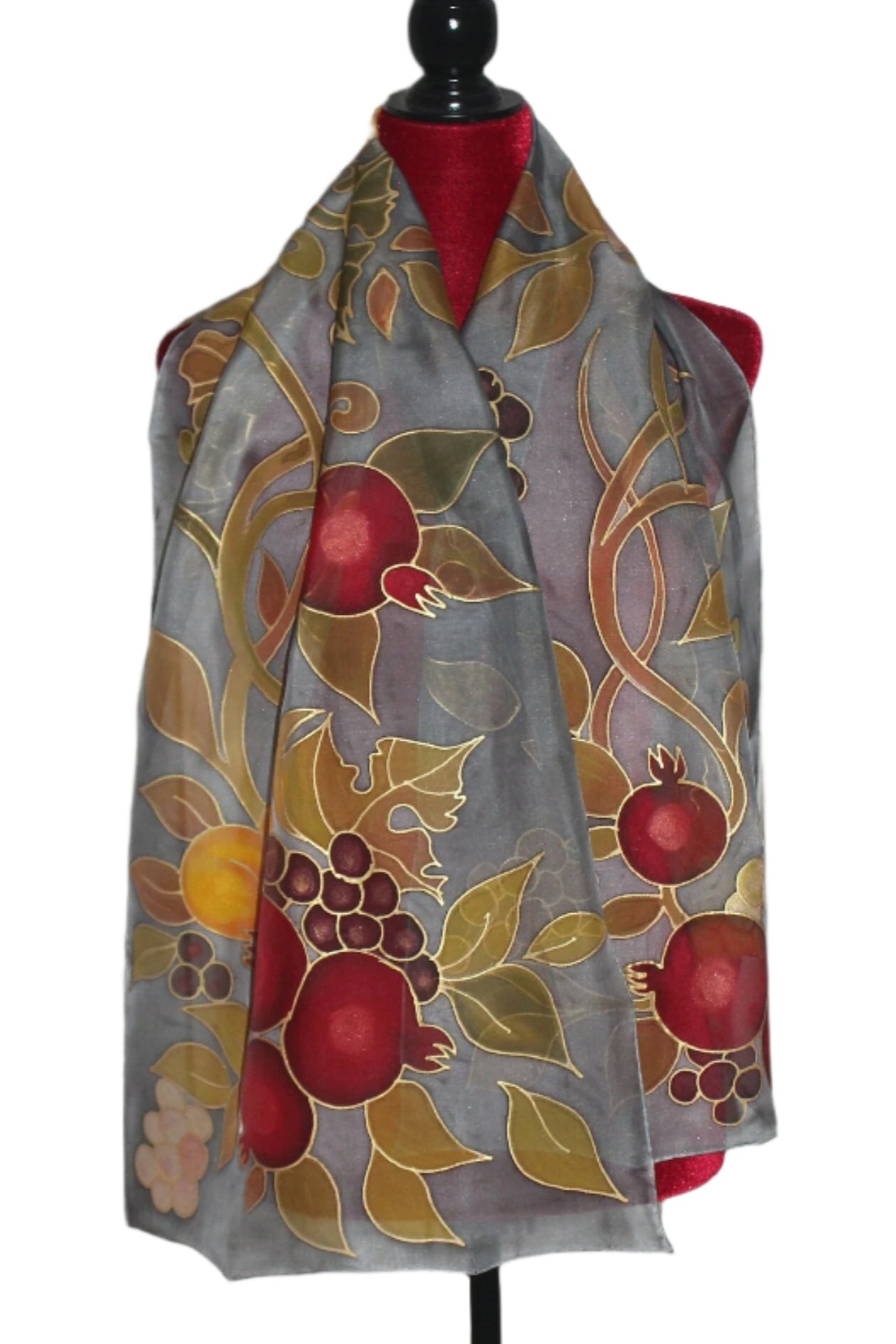 Hand painted fruits scarf, Pomegranates apricots grapes
