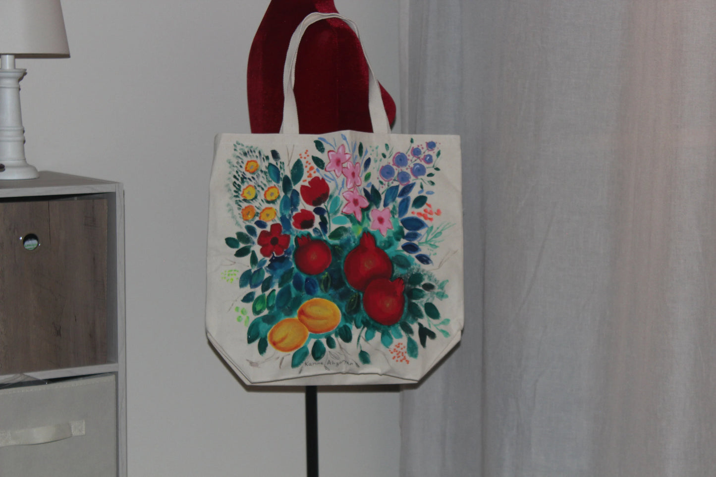 Hand painted heavy duty extra large pomegranate tote bag, grocery bag