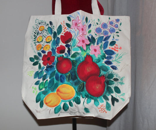 Hand painted heavy duty extra large pomegranate tote bag, grocery bag