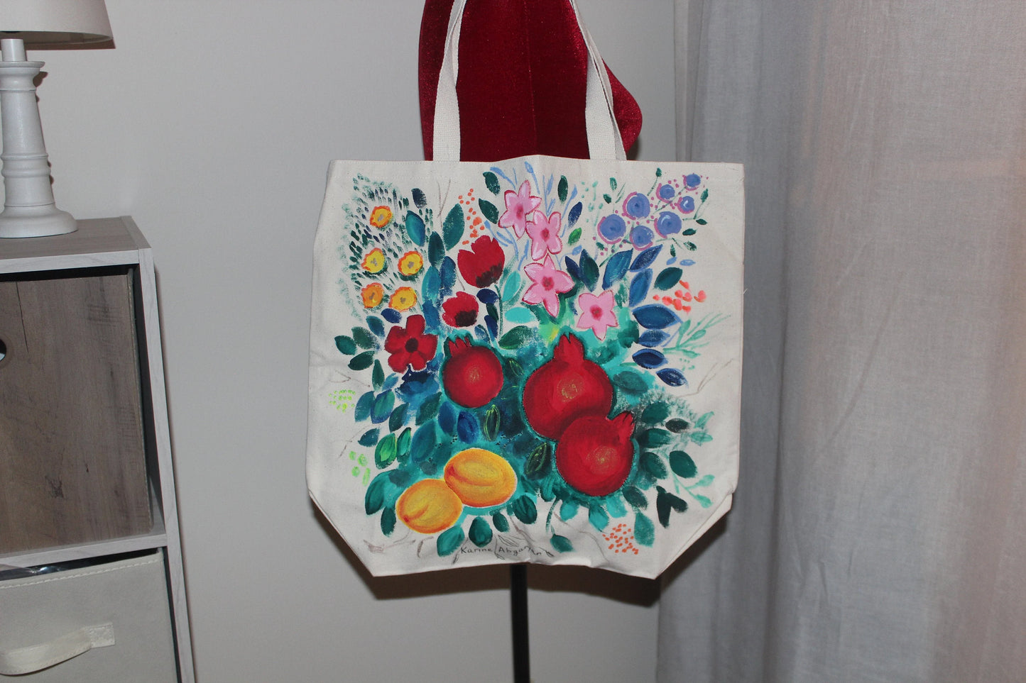 Hand painted heavy duty extra large pomegranate tote bag, grocery bag