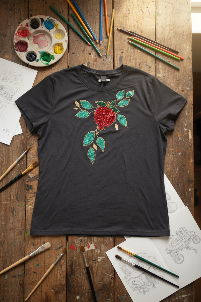 Hand painted and hand made pomegranate t shirt, Beaded Rhinestones Pomegranate Sequin Applique