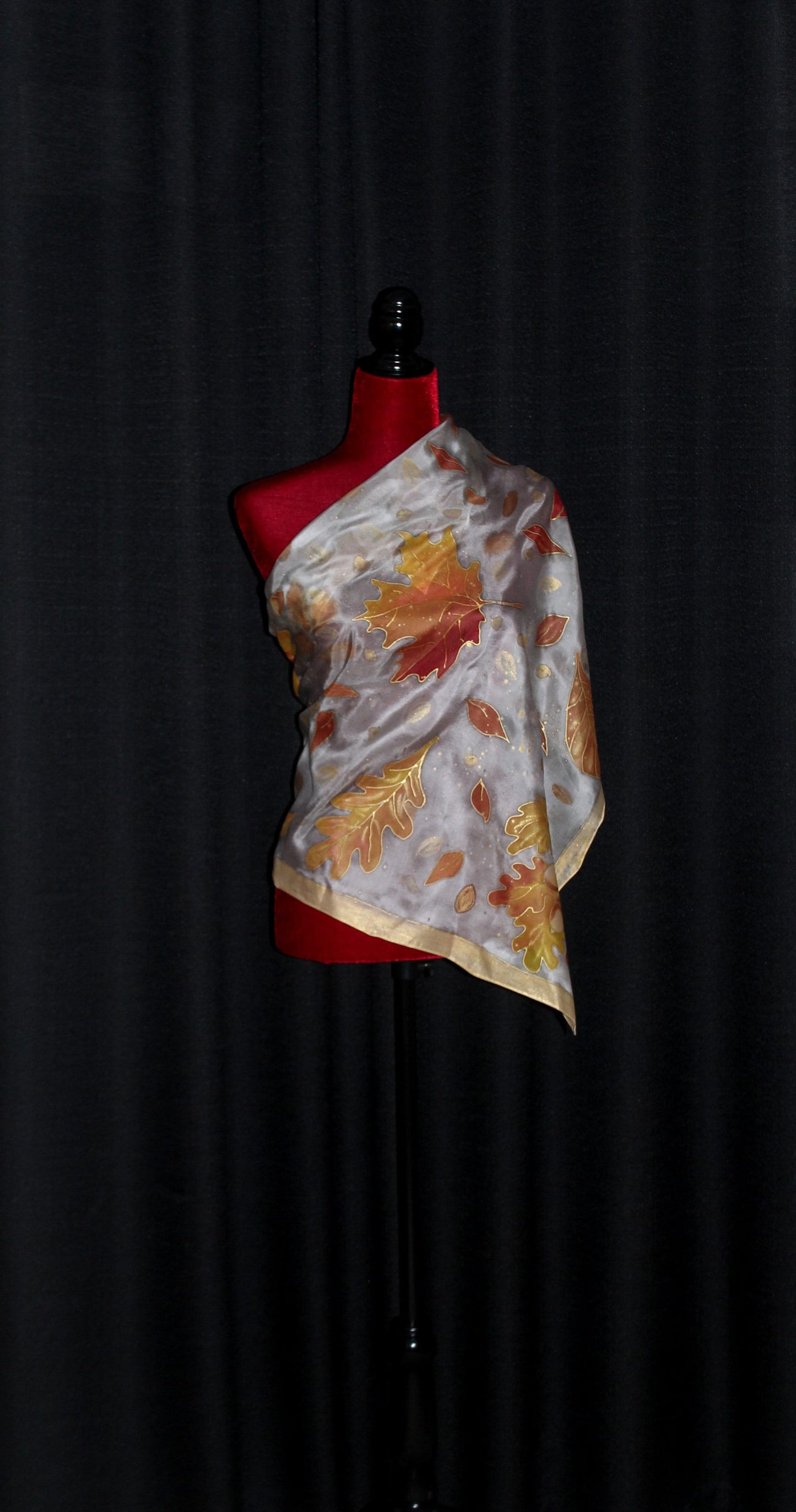 Hand painted fall silk scarf, Gold acorns and leaves