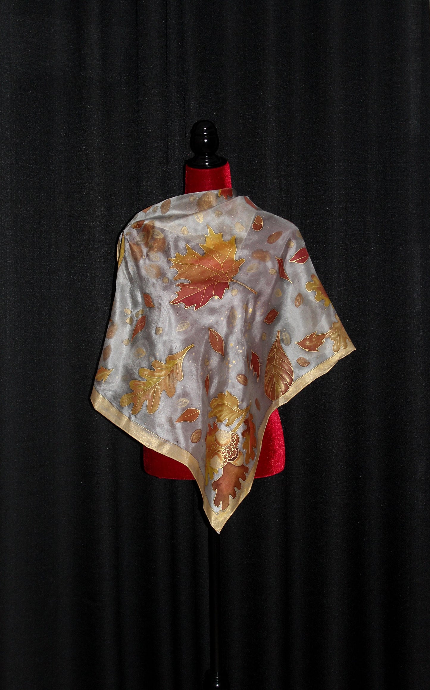 Hand painted fall silk scarf, Gold acorns and leaves