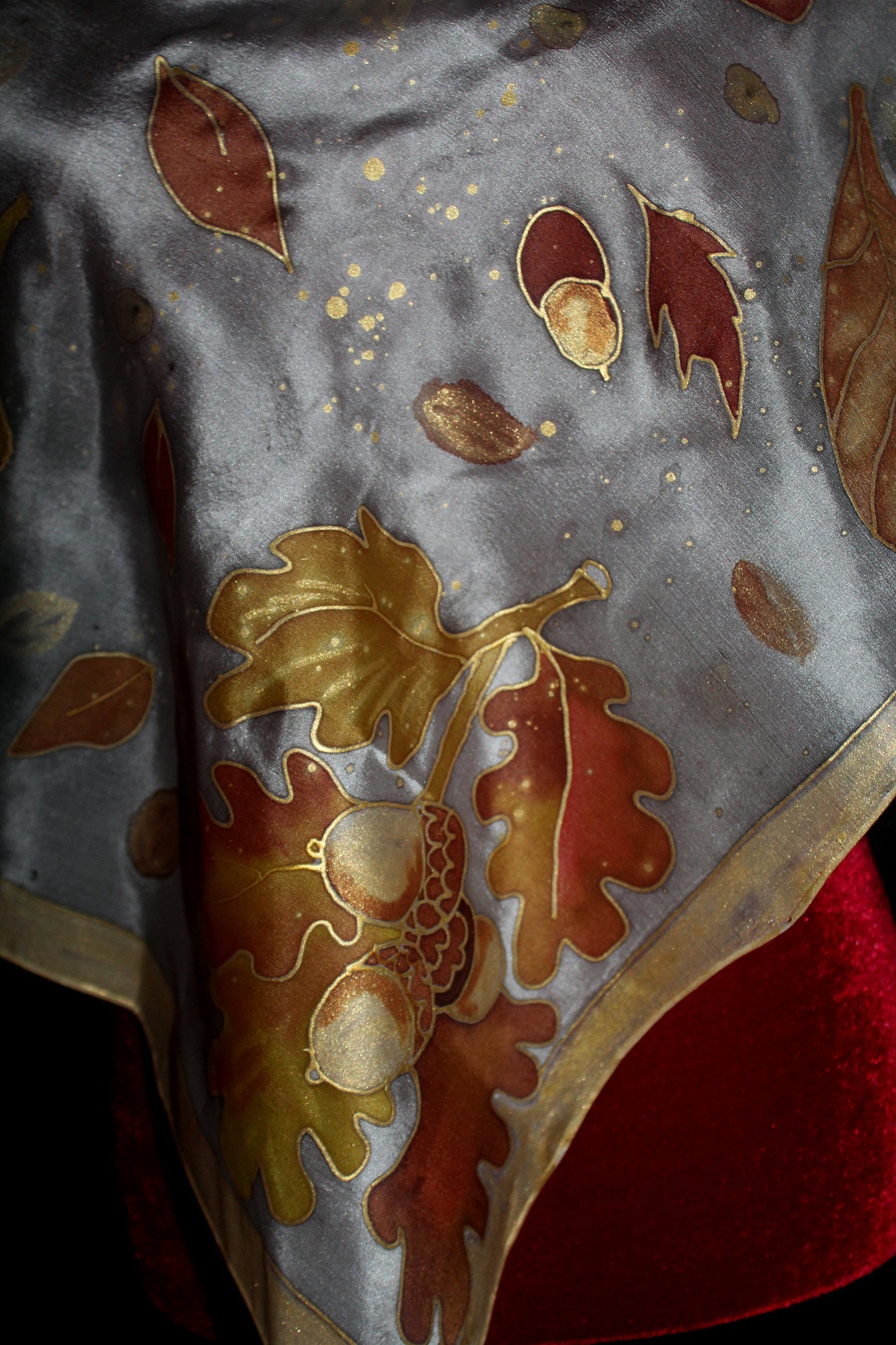 Hand painted fall silk scarf, Gold acorns and leaves
