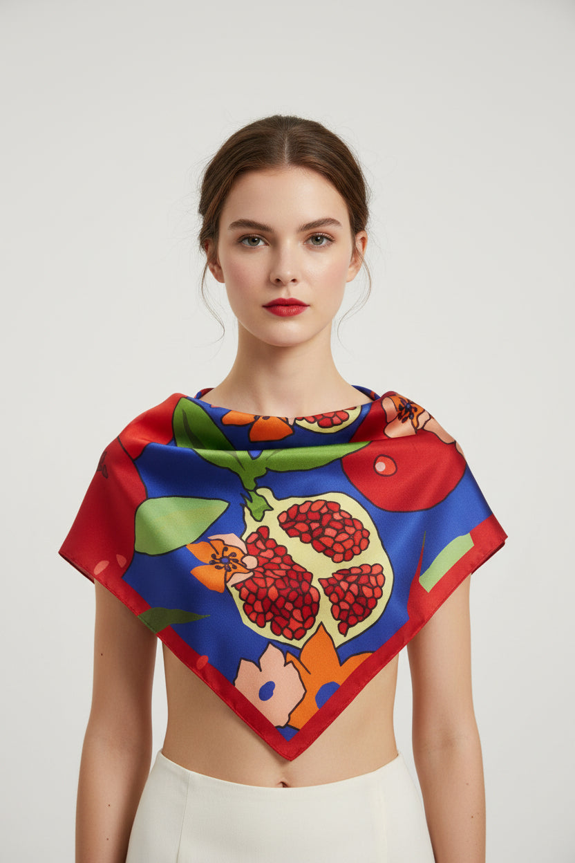 100% silk Luxury pomegranate scarf, Navy blue red, Square silk scarf
