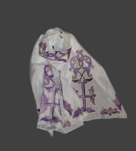 Hand painted cross silk scarf, Armenian cross, baptizing scarf