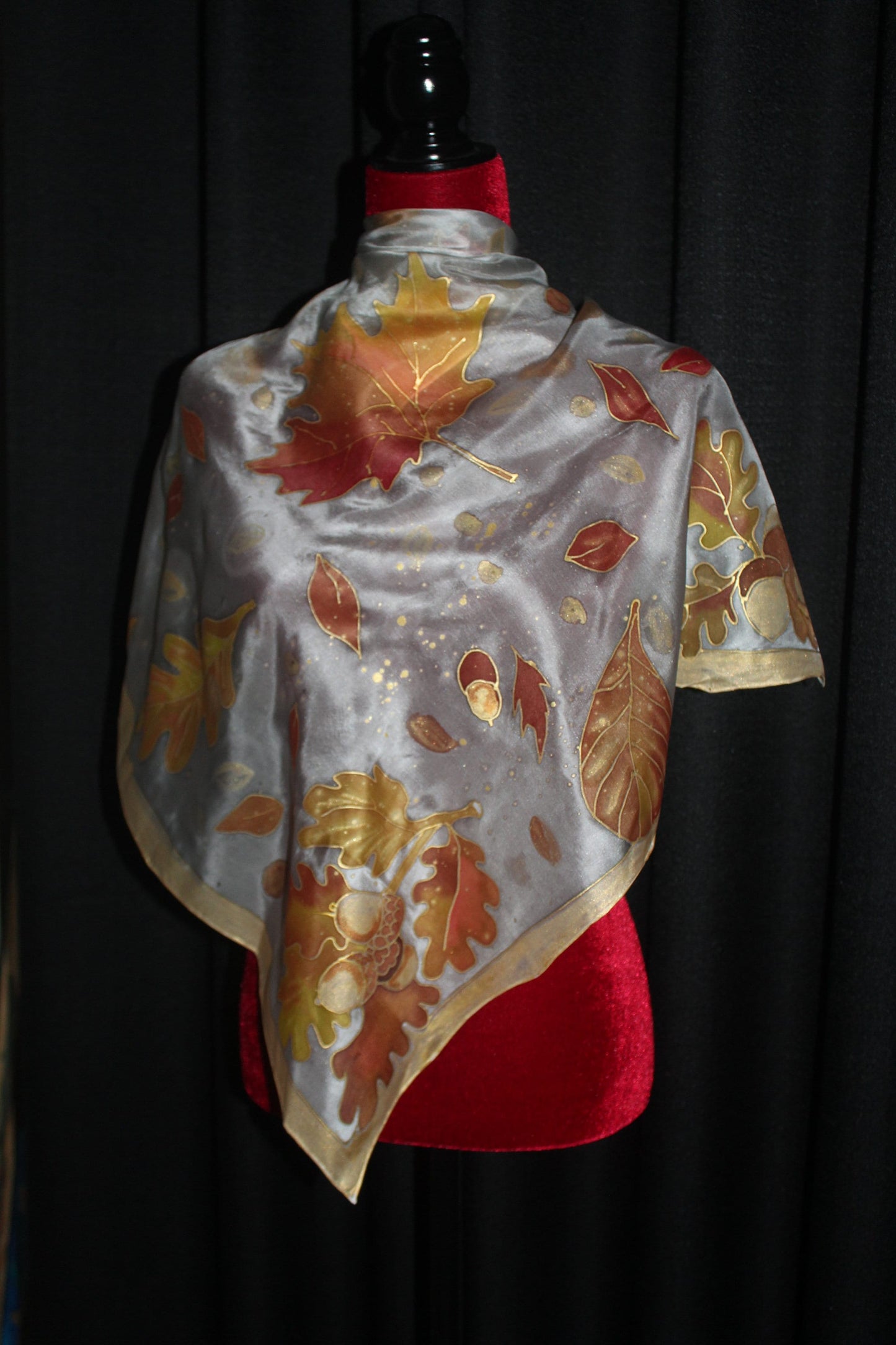 Hand painted fall silk scarf, Gold acorns and leaves