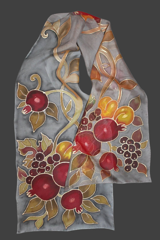 Hand painted fruits scarf, Pomegranates apricots grapes
