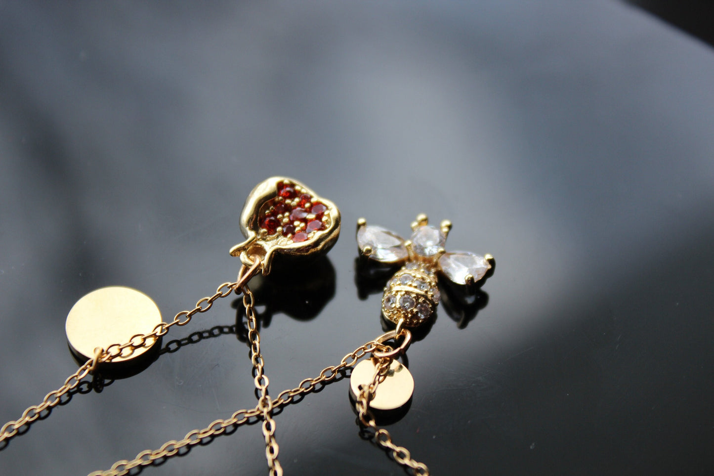 Bee pomegranate multilayer gold plated necklace