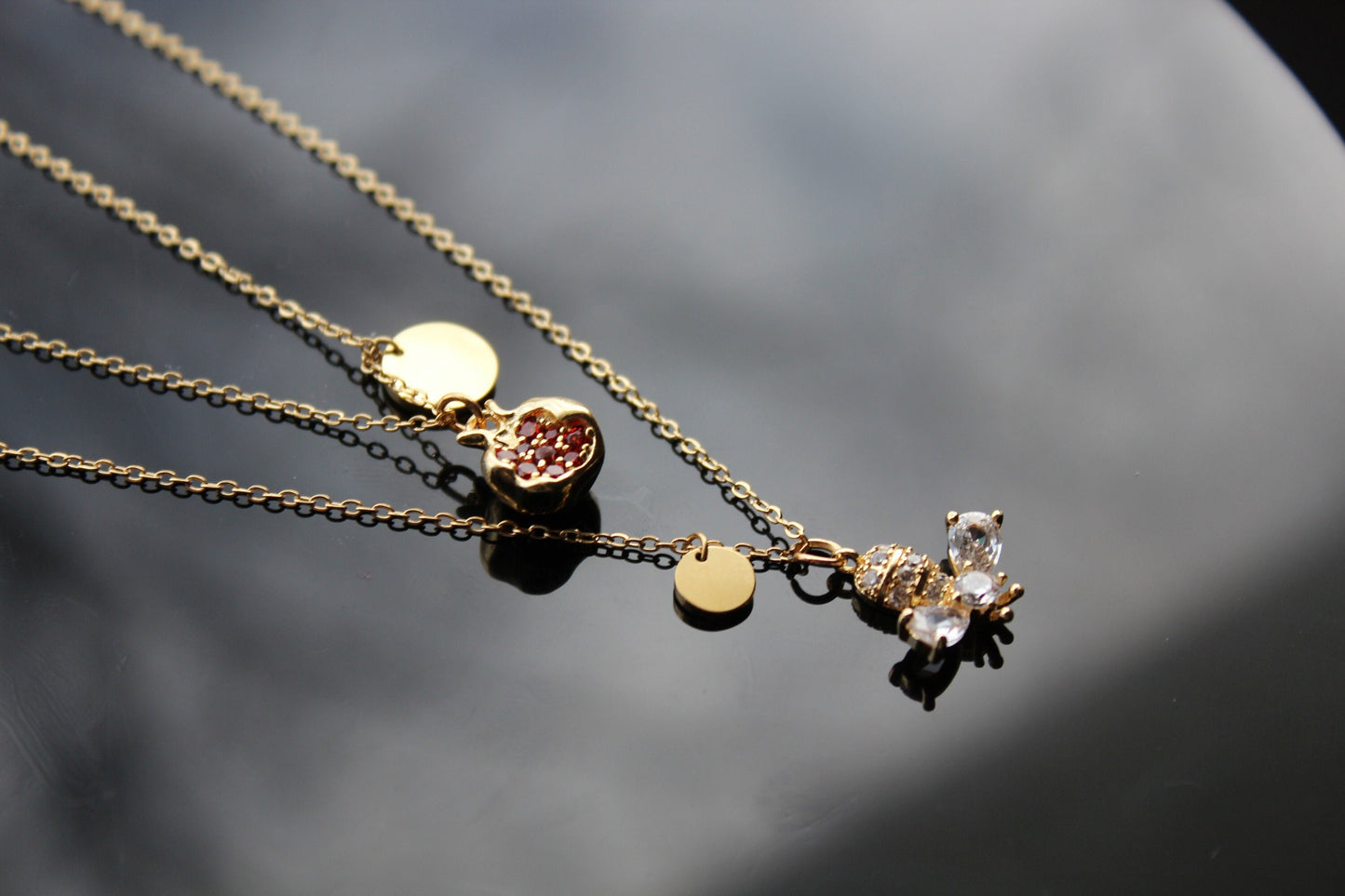 Bee pomegranate multilayer gold plated necklace