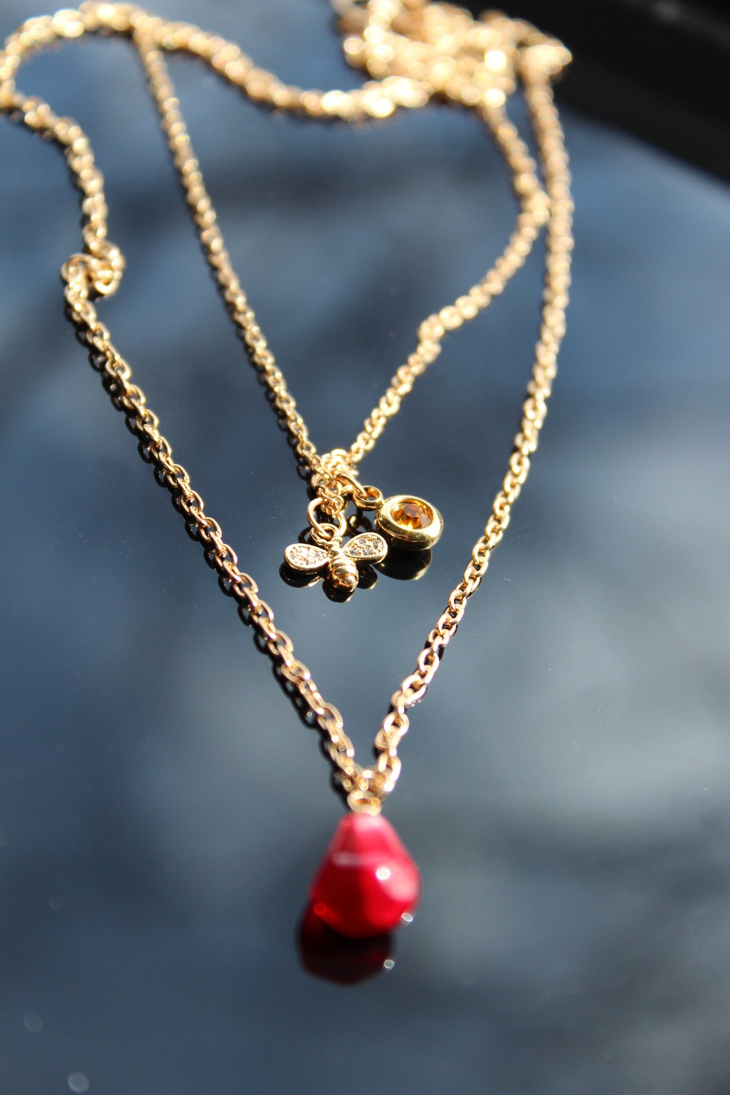 Pomegranate bee necklace