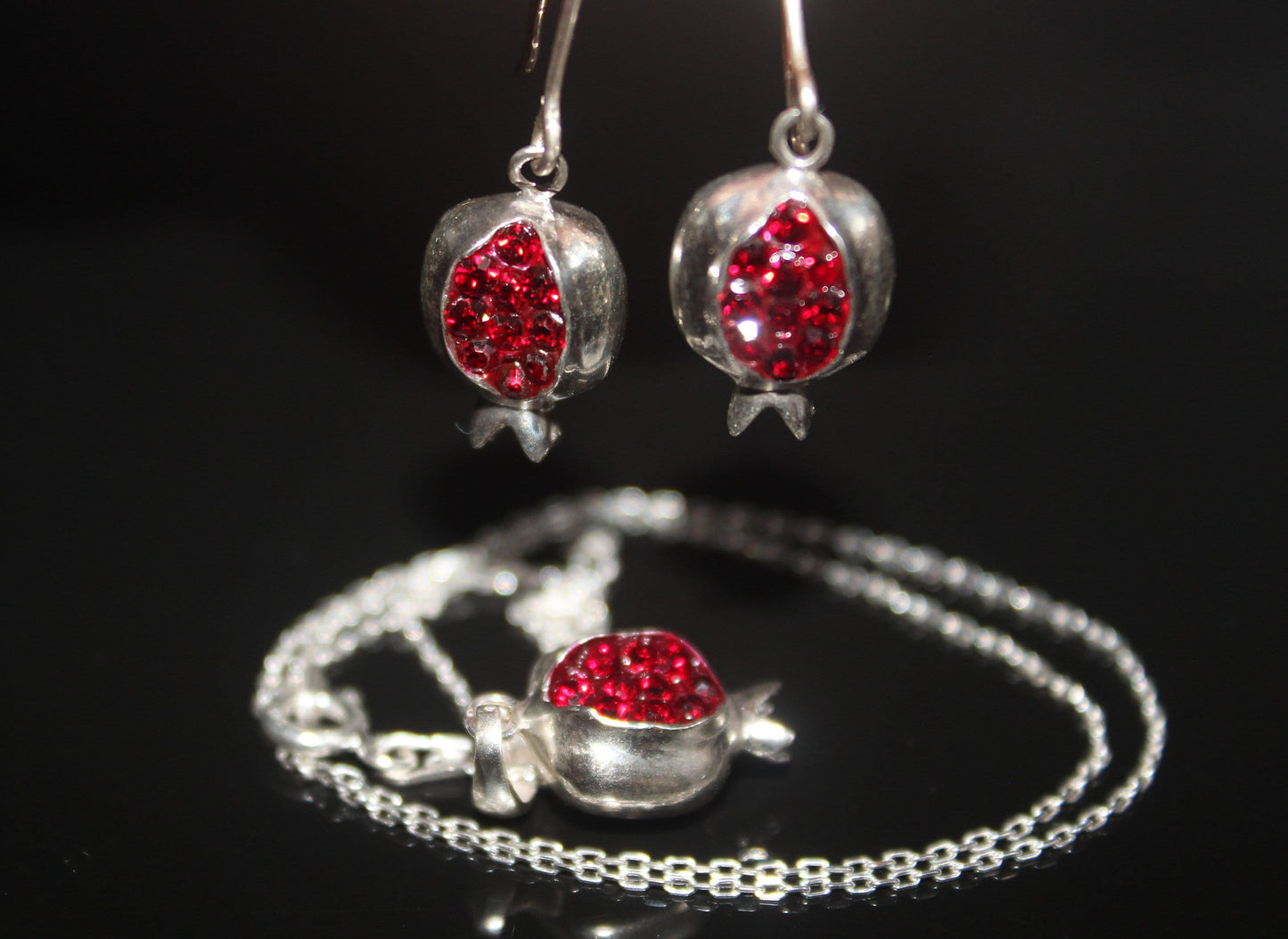 925 sterling silver small delicate pomegranate earrings and necklace