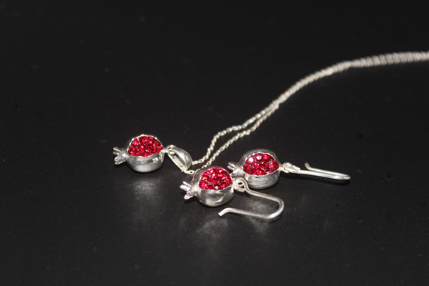 925 sterling silver small delicate pomegranate earrings and necklace