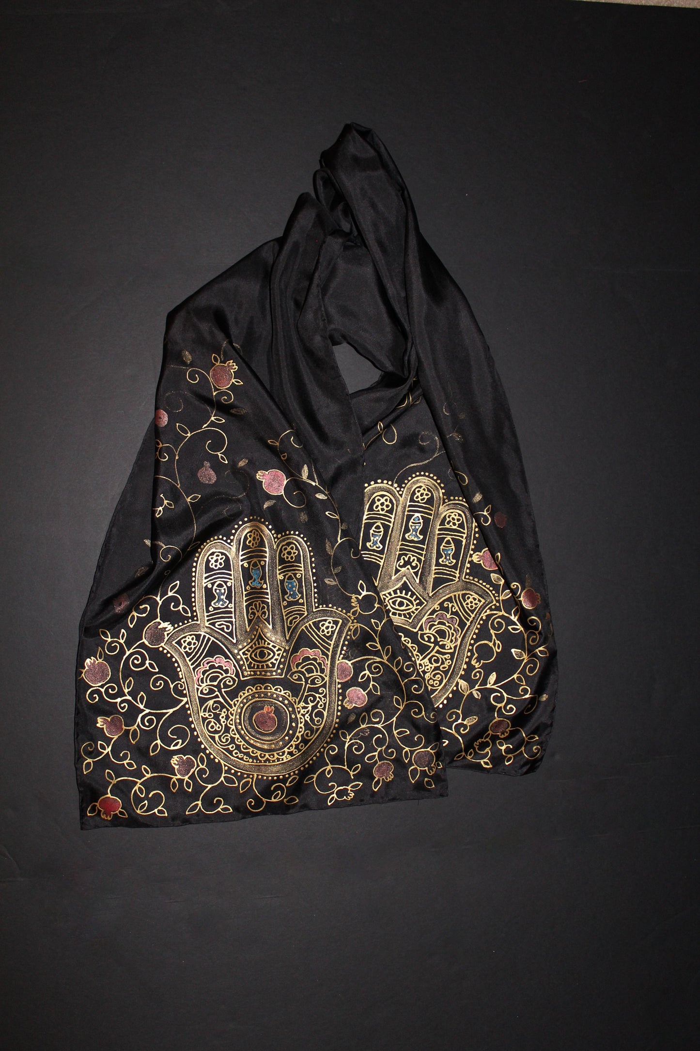 74-14in hand painted hamsa pomegranate silk scarf