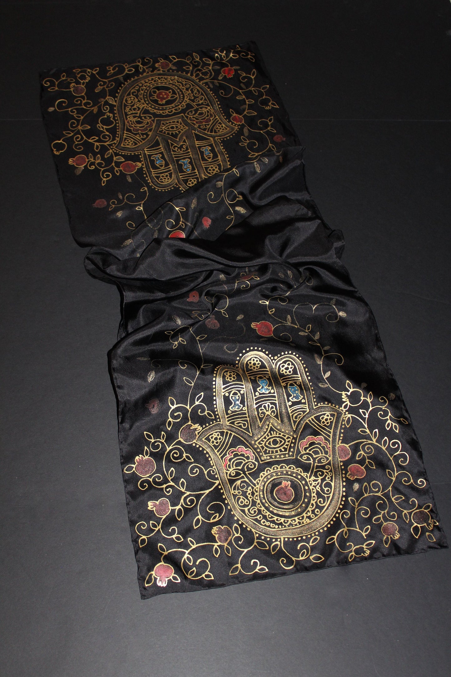 74-14in hand painted hamsa pomegranate silk scarf
