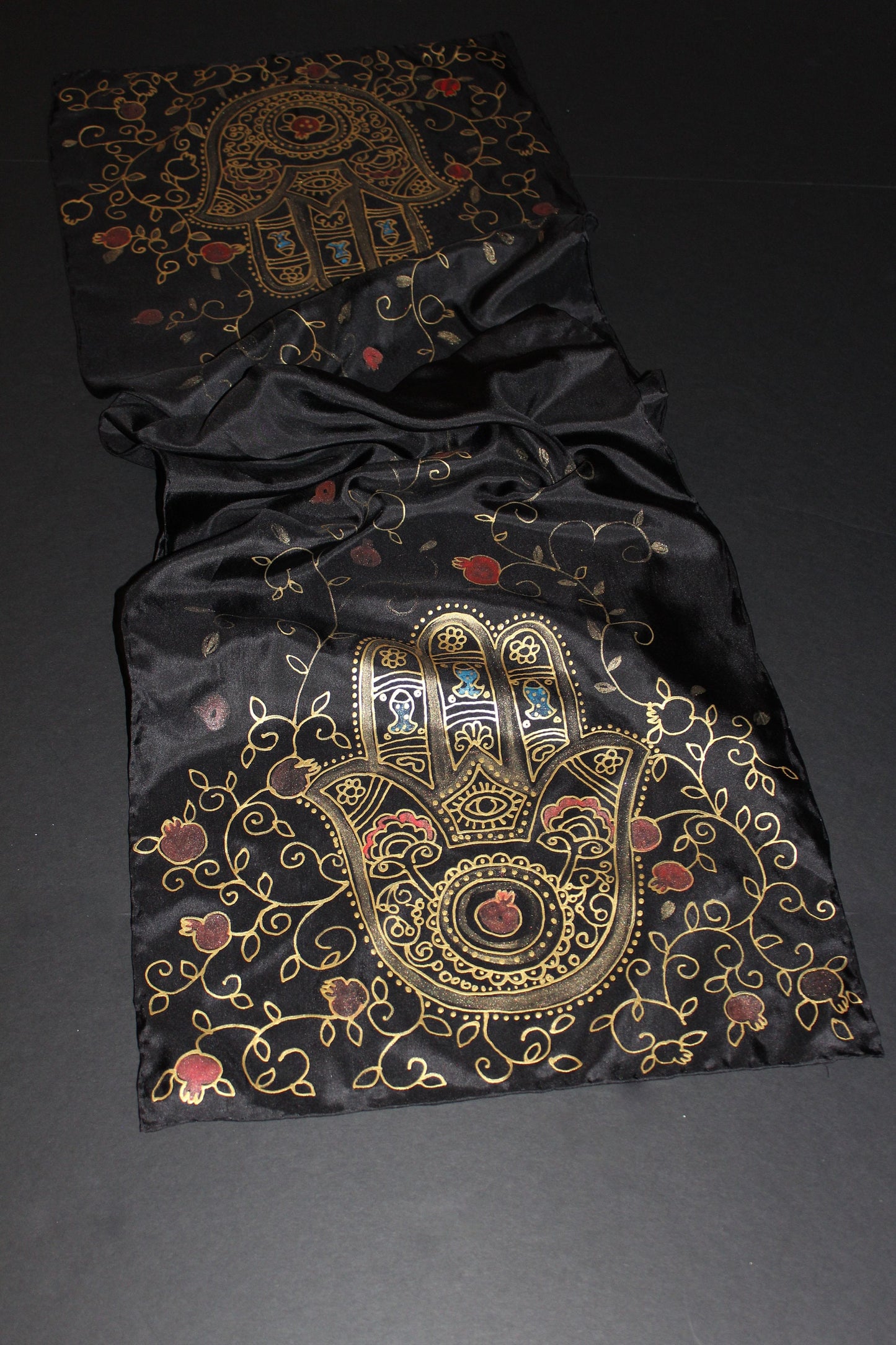 74-14in hand painted hamsa pomegranate silk scarf