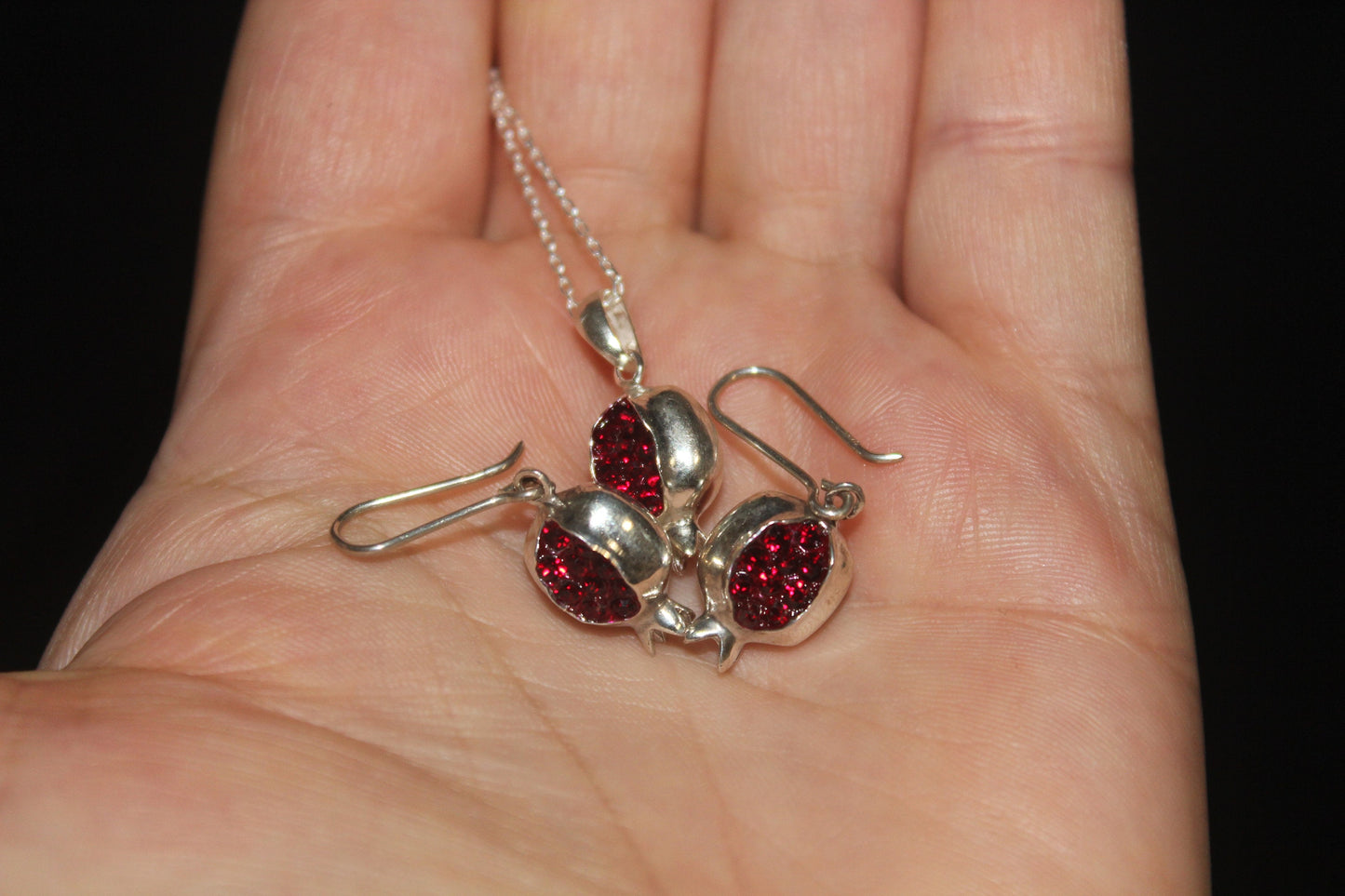 925 sterling silver small delicate pomegranate earrings and necklace