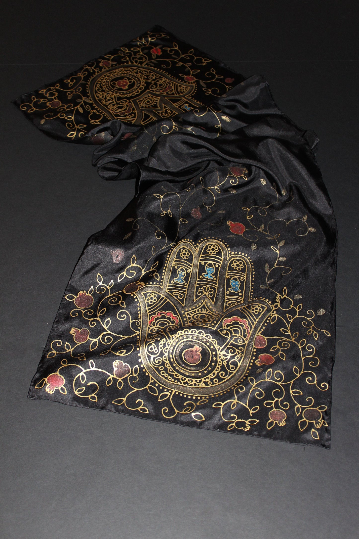 74-14in hand painted hamsa pomegranate silk scarf
