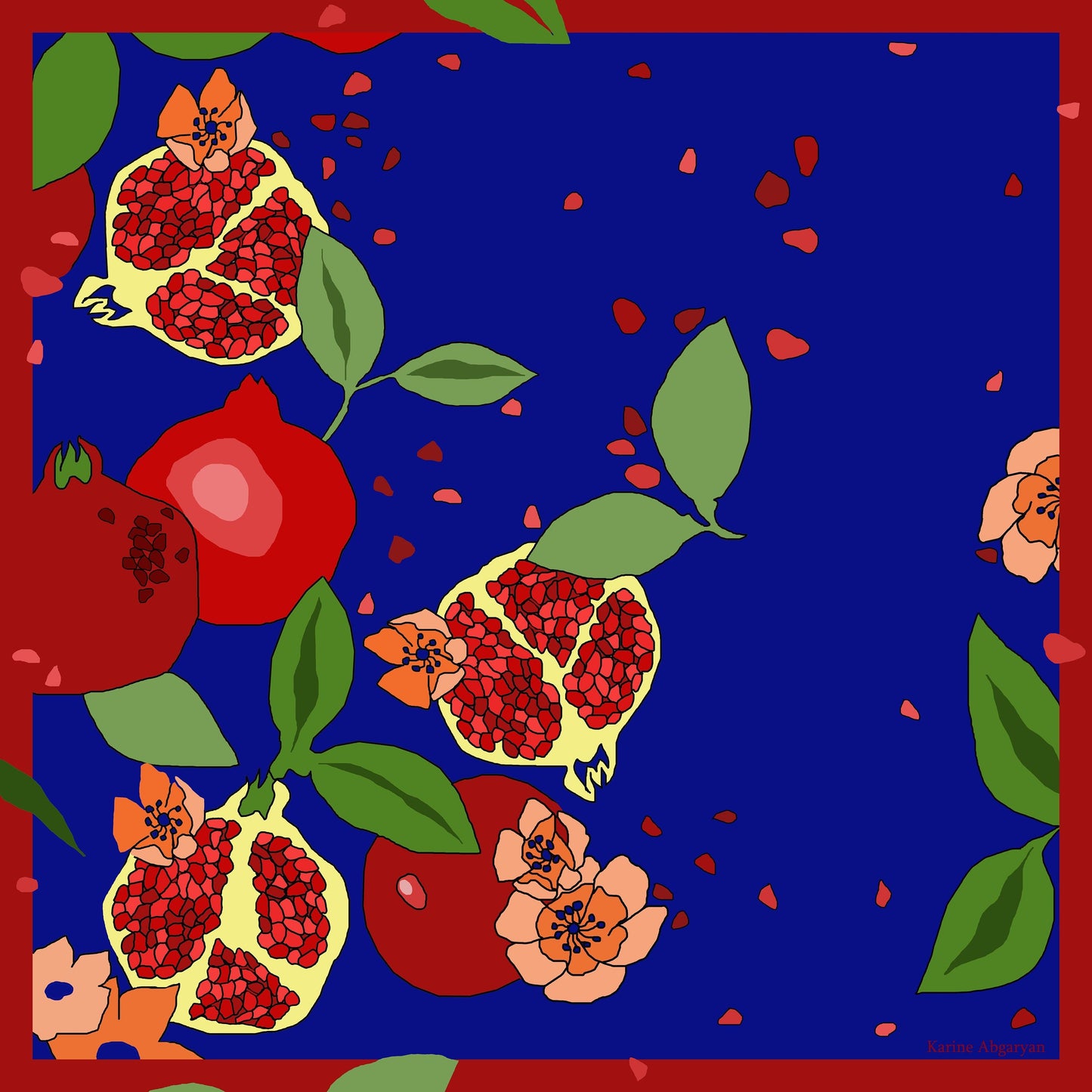 100% silk Luxury pomegranate scarf, Navy blue red, Square silk scarf