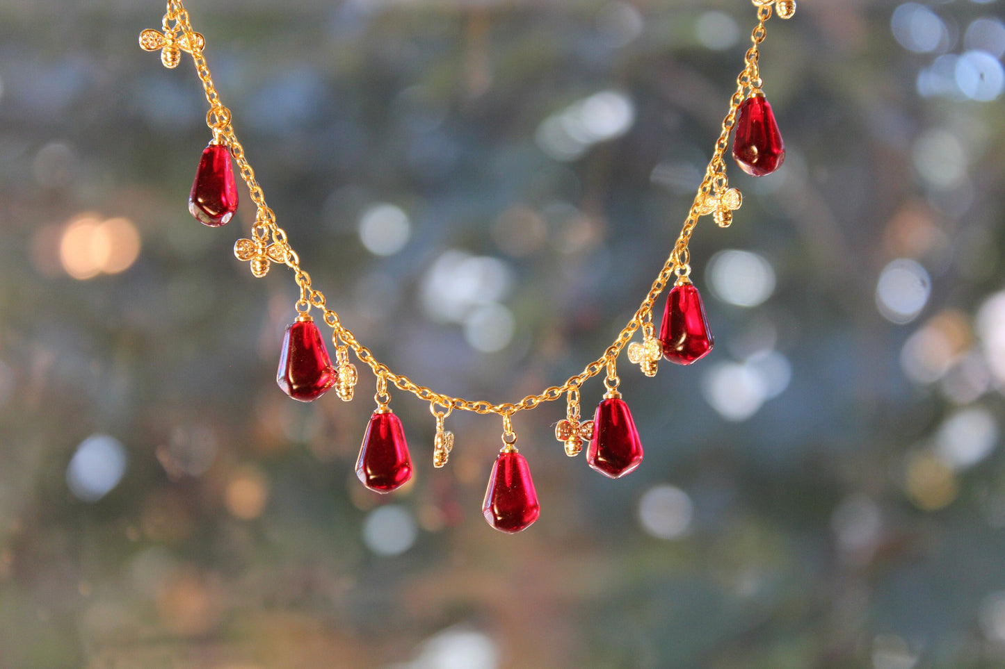 Hand made 14K gold plated Pomegranate seeds  and gold bees jewelry set non tarnish stainless steel colorfast jewelry