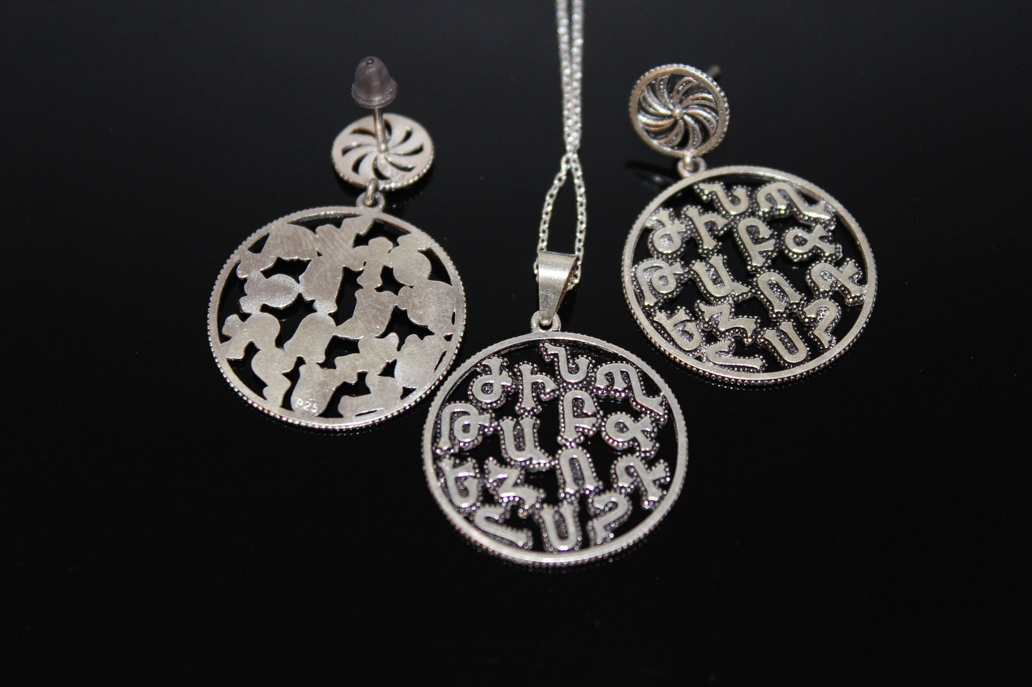 Armenian alphabet sterling silver jewelry set Handmade in Armenia