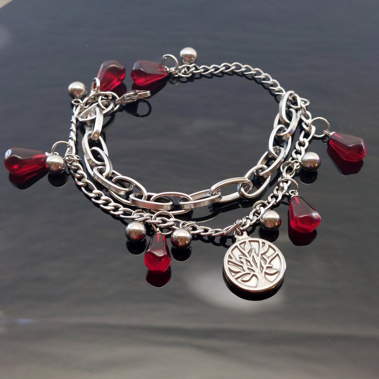 Adjustable Tree of life Silver plated stainless steel pomegranate seed bracelet