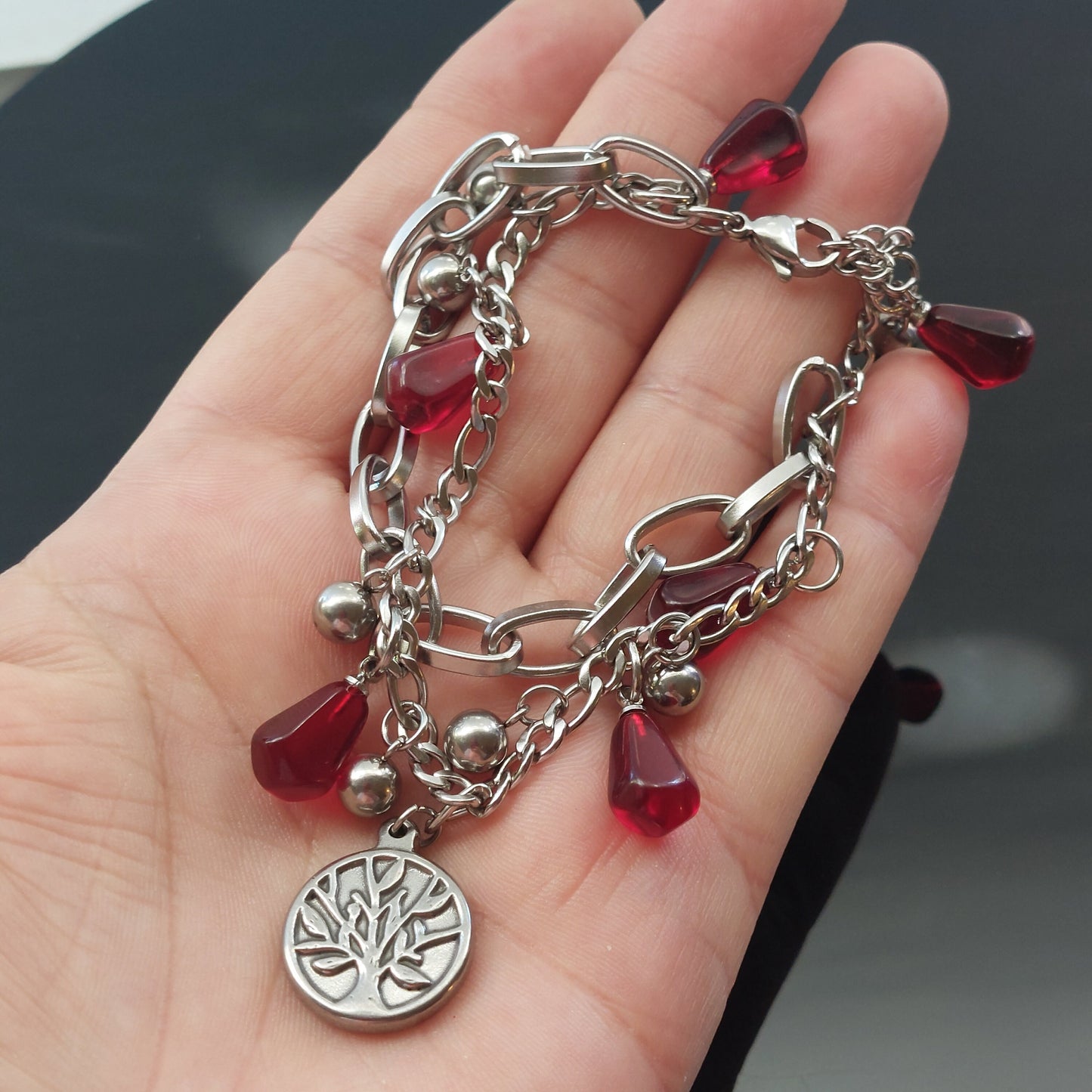 Adjustable Tree of life Silver plated stainless steel pomegranate seed bracelet