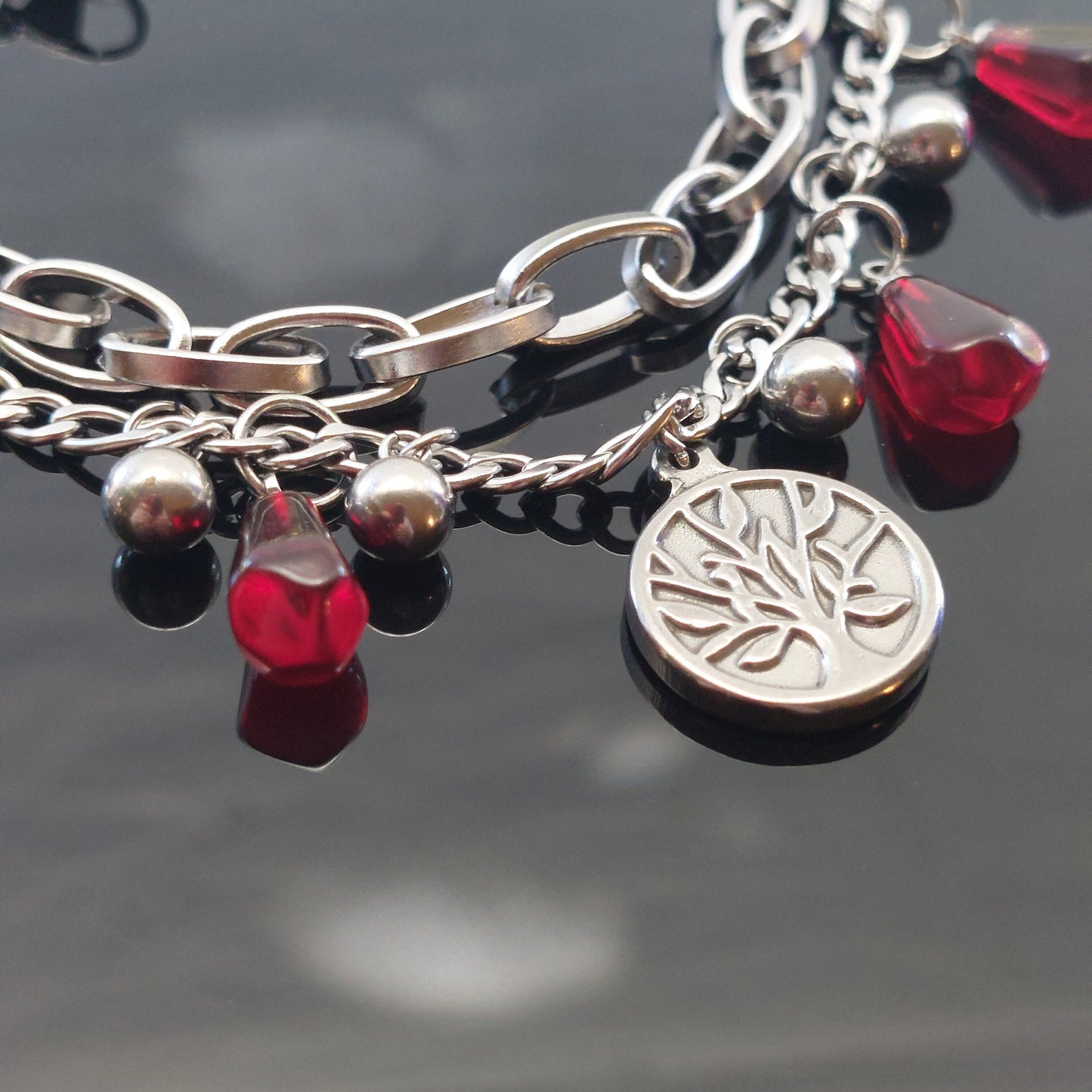 Adjustable Tree of life Silver plated stainless steel pomegranate seed bracelet