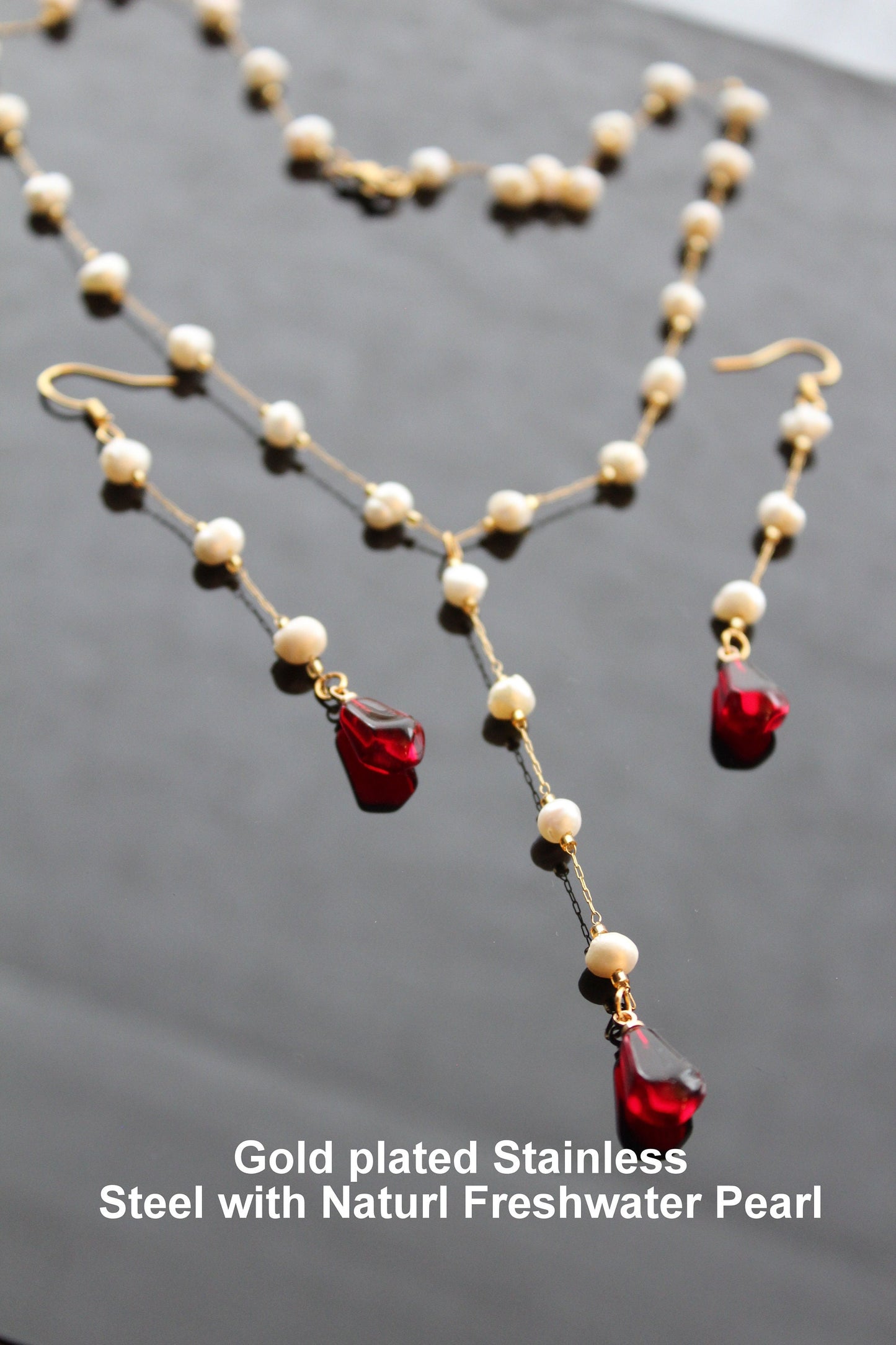 Handmade 18K gold plated stainless steel non tarnish Pomegranate glass seeds jewelry set with natural pearls