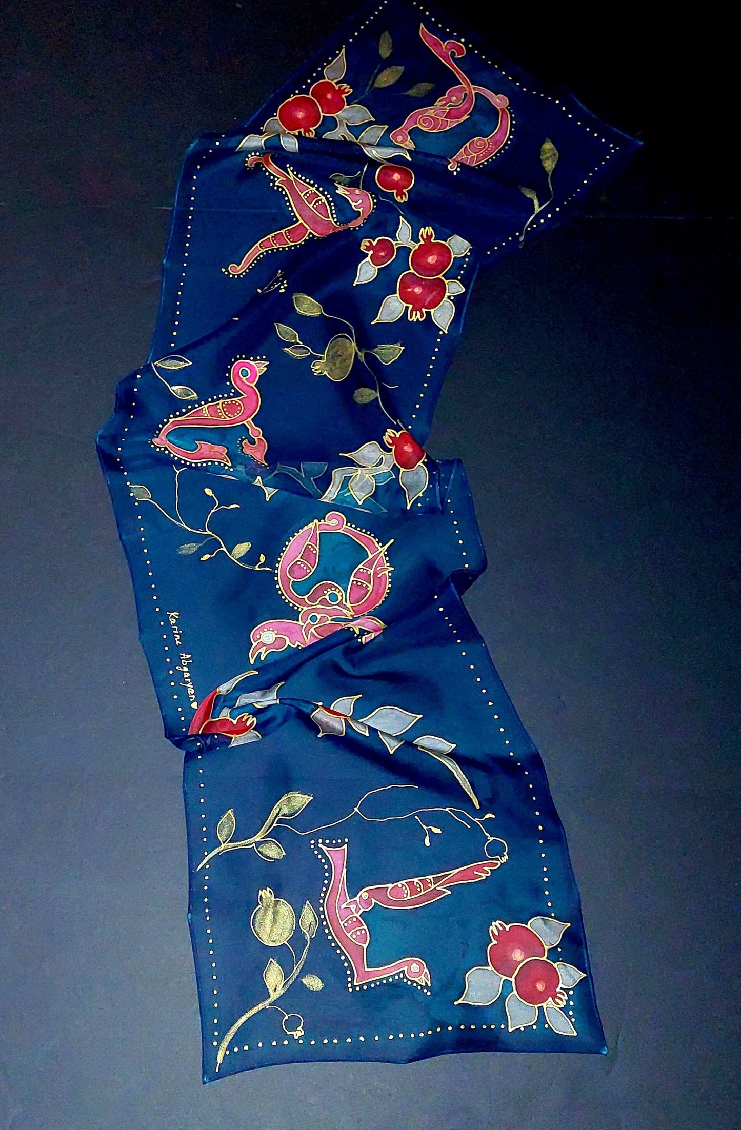 Hand painted Armenian alphabet silk scarf, Armenian bird letter scarf
