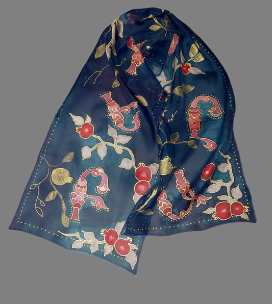 Hand painted Armenian alphabet silk scarf, Armenian bird letter scarf