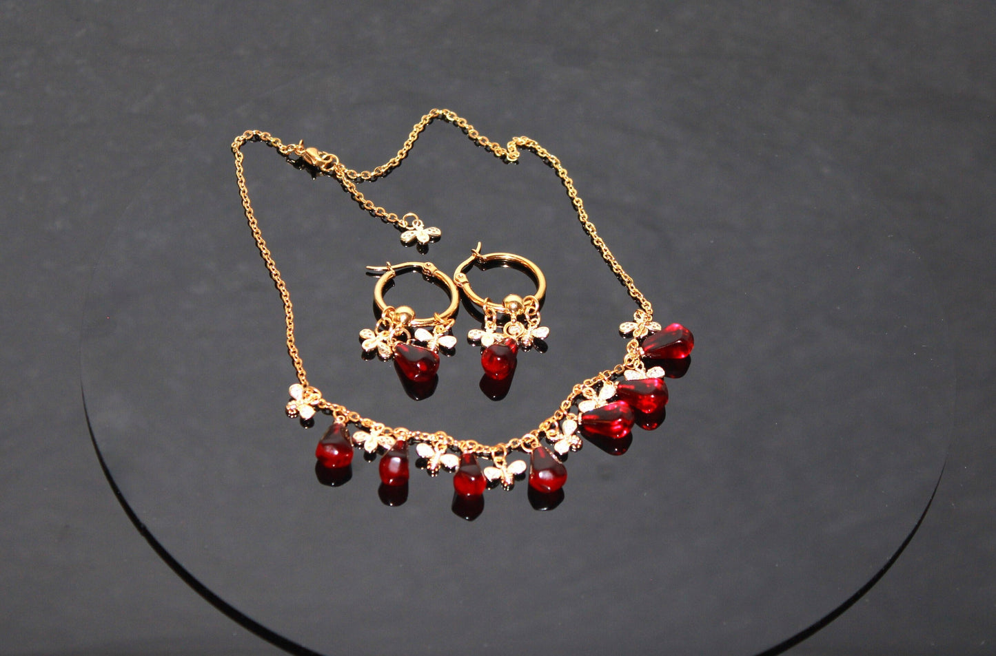 Hand made 14K gold plated Pomegranate seeds  and gold bees jewelry set non tarnish stainless steel colorfast jewelry