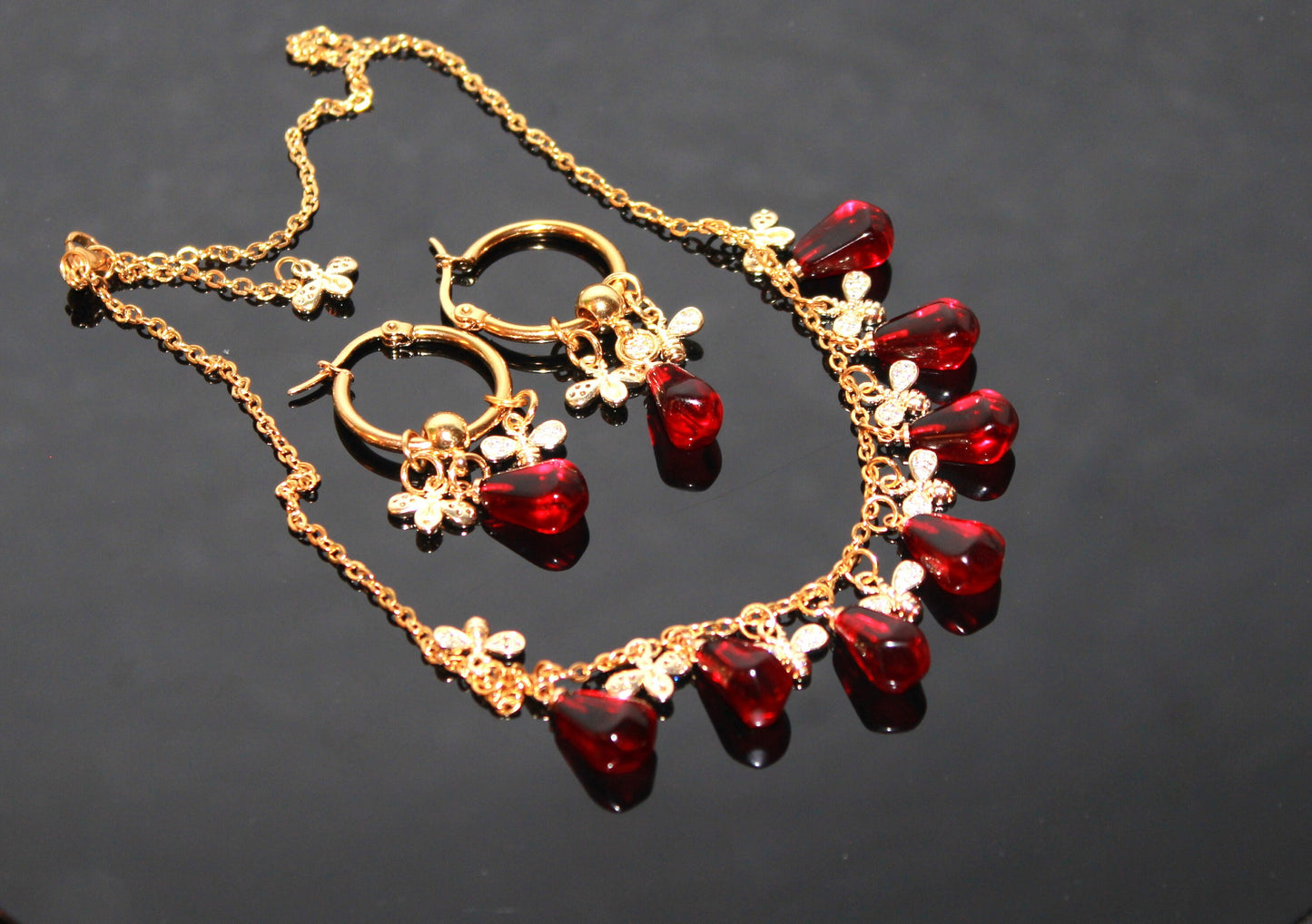 Hand made 14K gold plated Pomegranate seeds  and gold bees jewelry set non tarnish stainless steel colorfast jewelry
