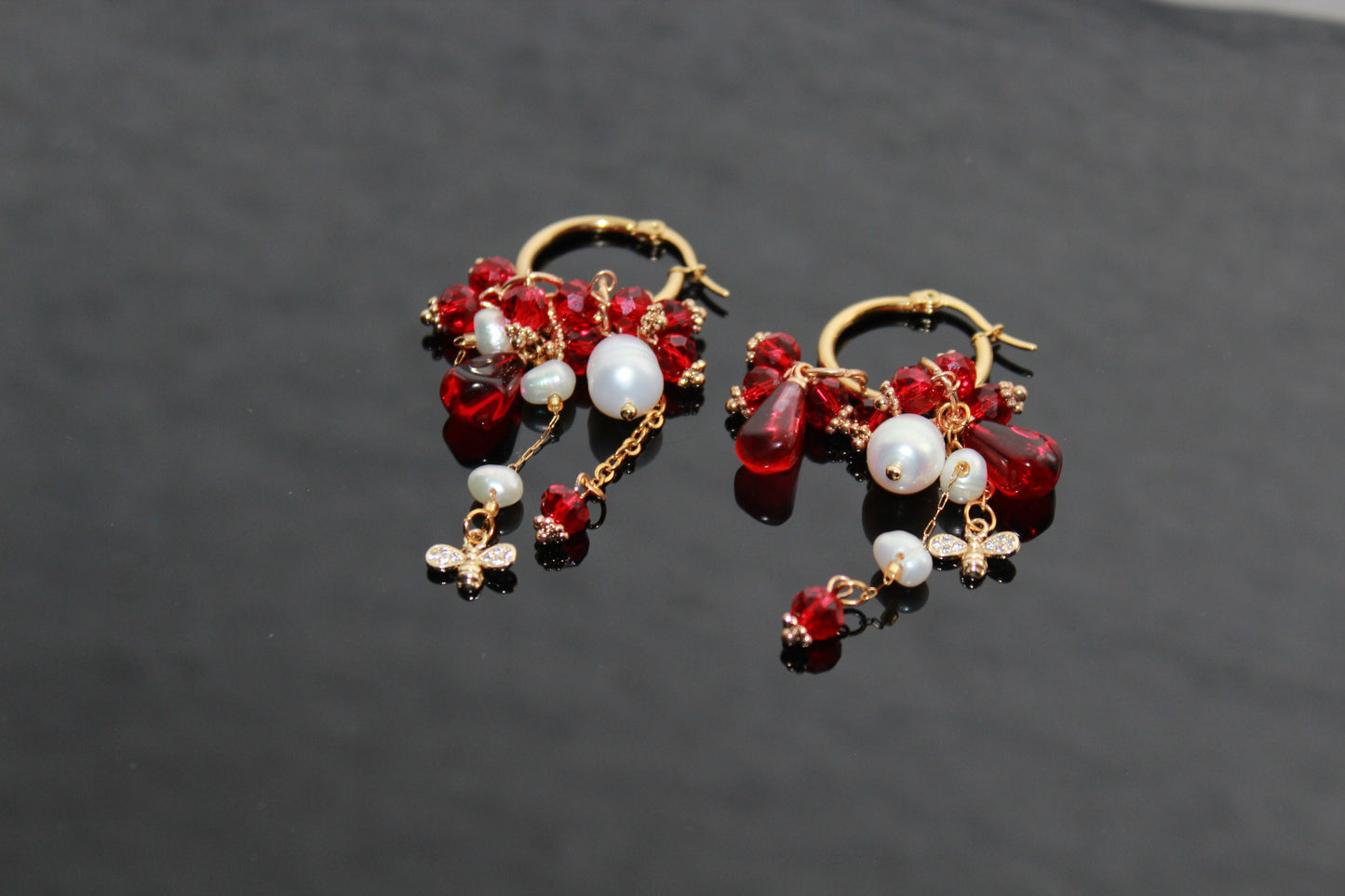 Handmade 18K gold plated stainless steel non tarnish Pomegranate seeds jewelry set with natural pearls