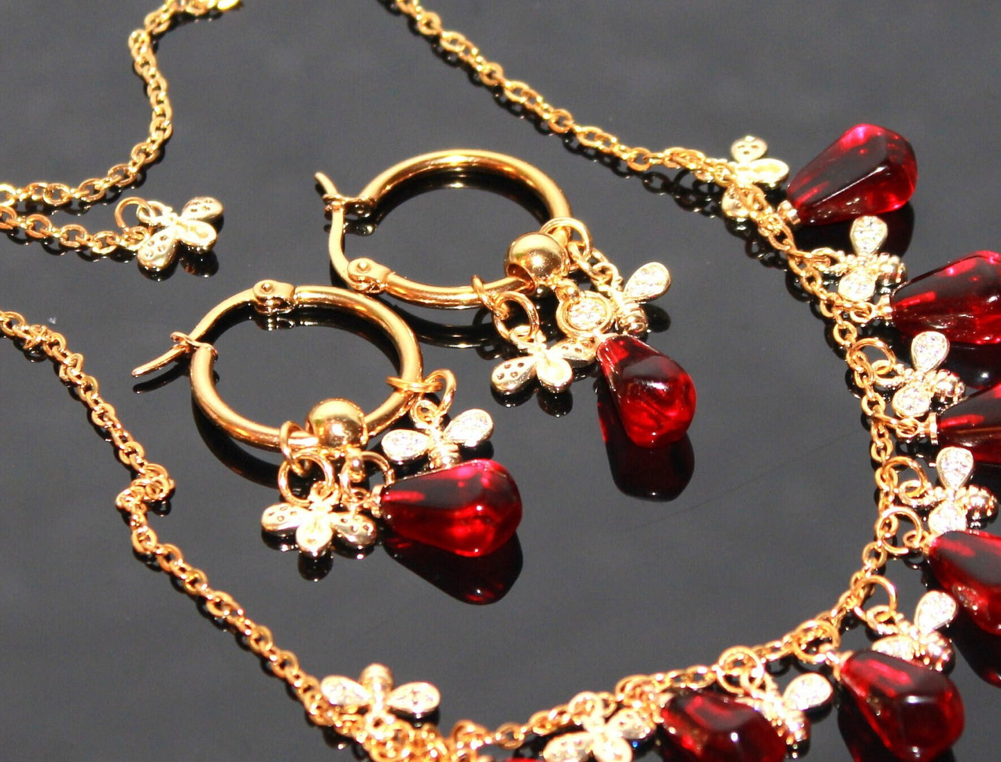 Hand made 14K gold plated Pomegranate seeds  and gold bees jewelry set non tarnish stainless steel colorfast jewelry