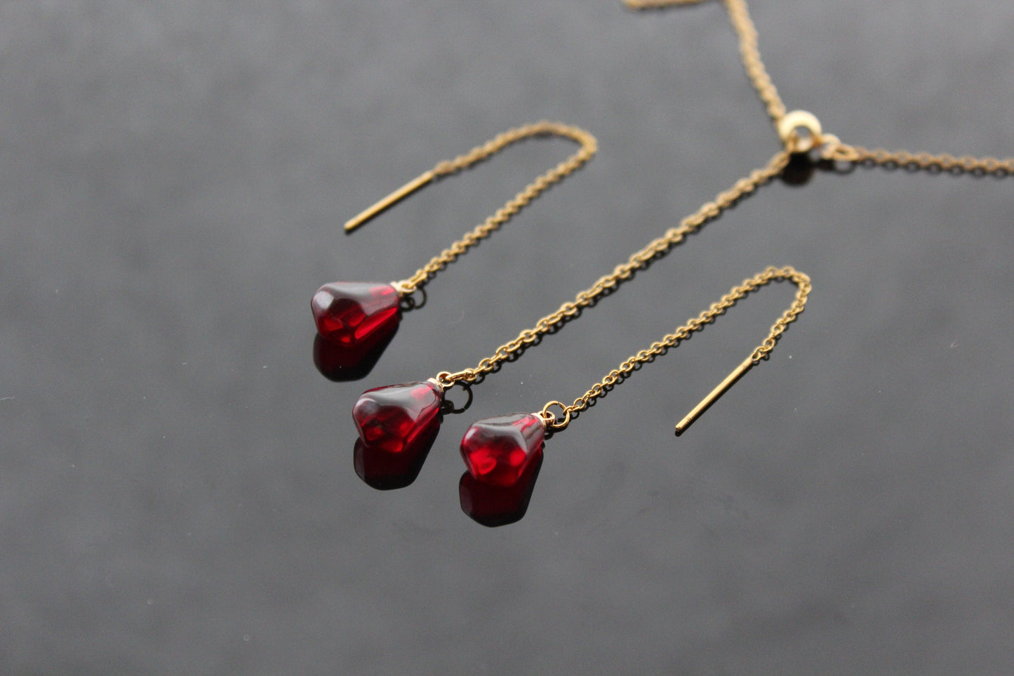 14K gold plated stainless steel, hypoallergic non tarnish jewelry Pomegranate seed necklace and earrings,