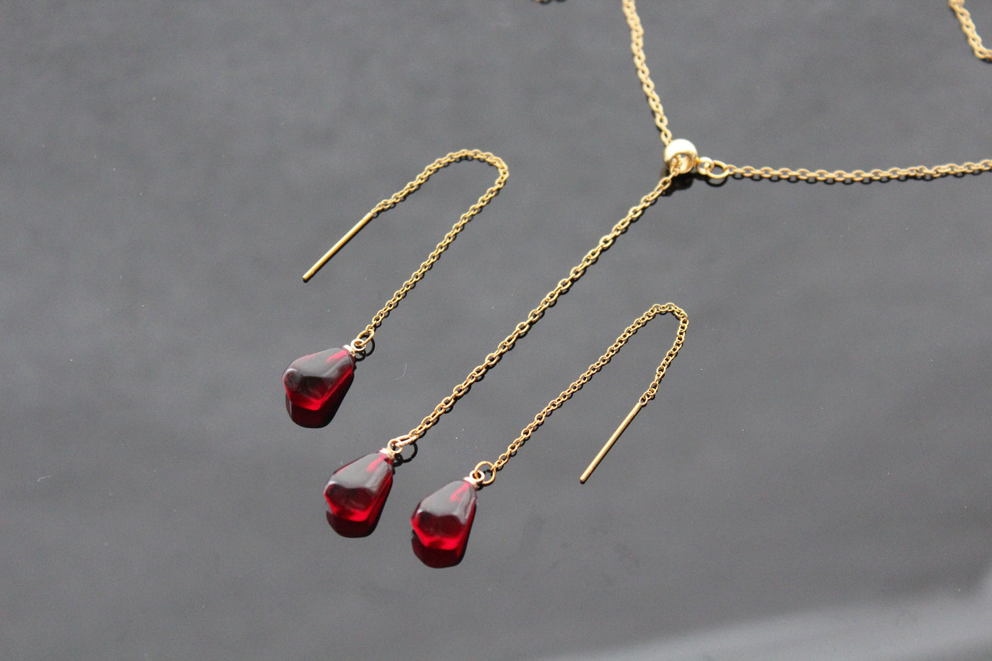 14K gold plated stainless steel, hypoallergic non tarnish jewelry Pomegranate seed necklace and earrings,