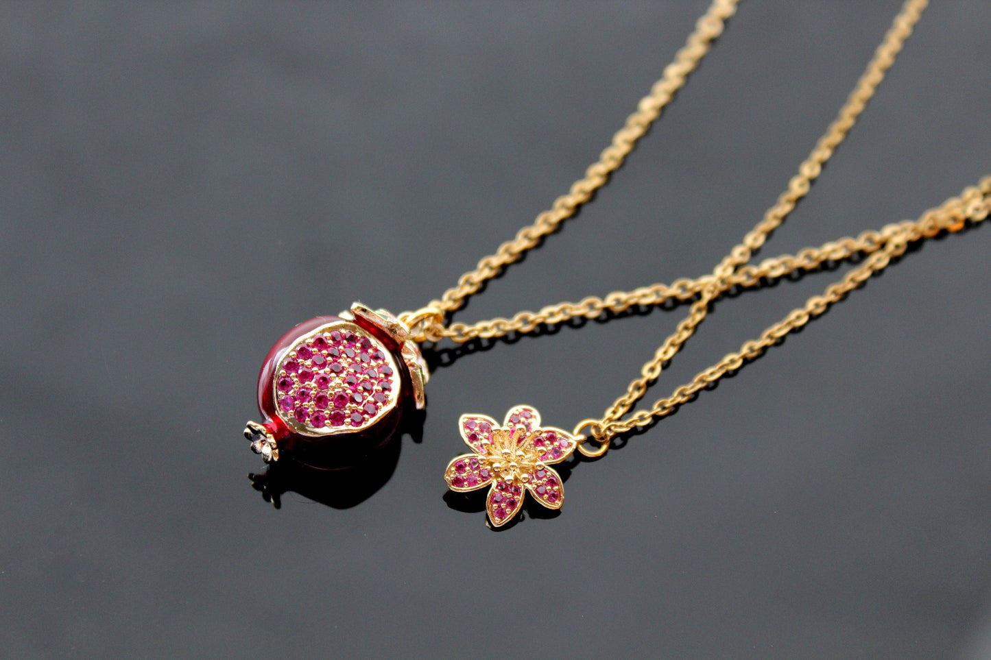 Double  layered necklace pomegranate pendant with cute flower