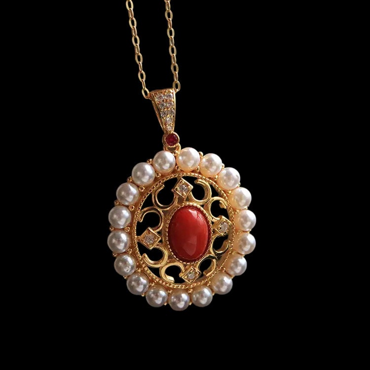 18K gold filled 925 sterling silver natural pearl and coral pendant
