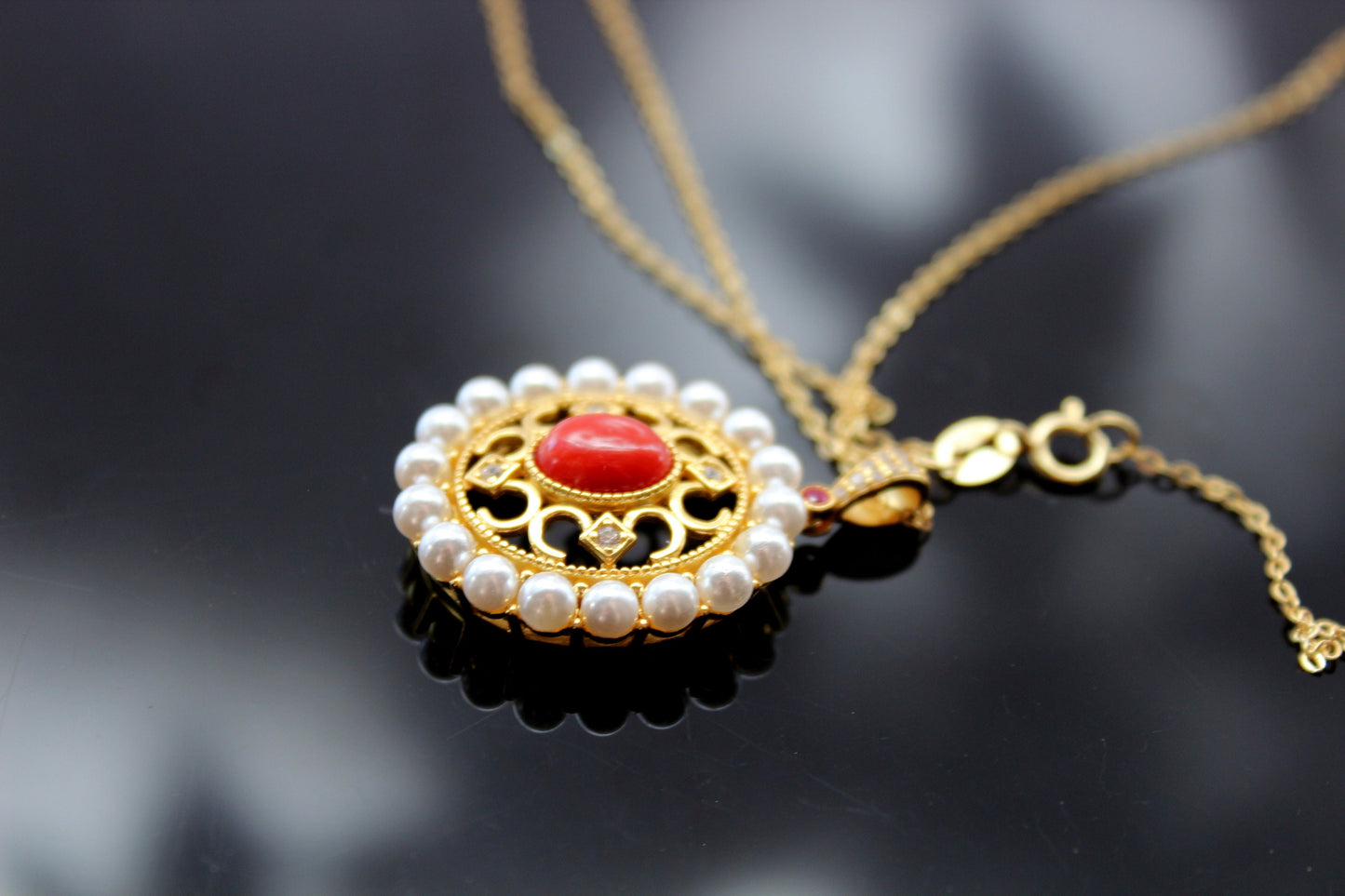 18K gold filled 925 sterling silver natural pearl and coral pendant