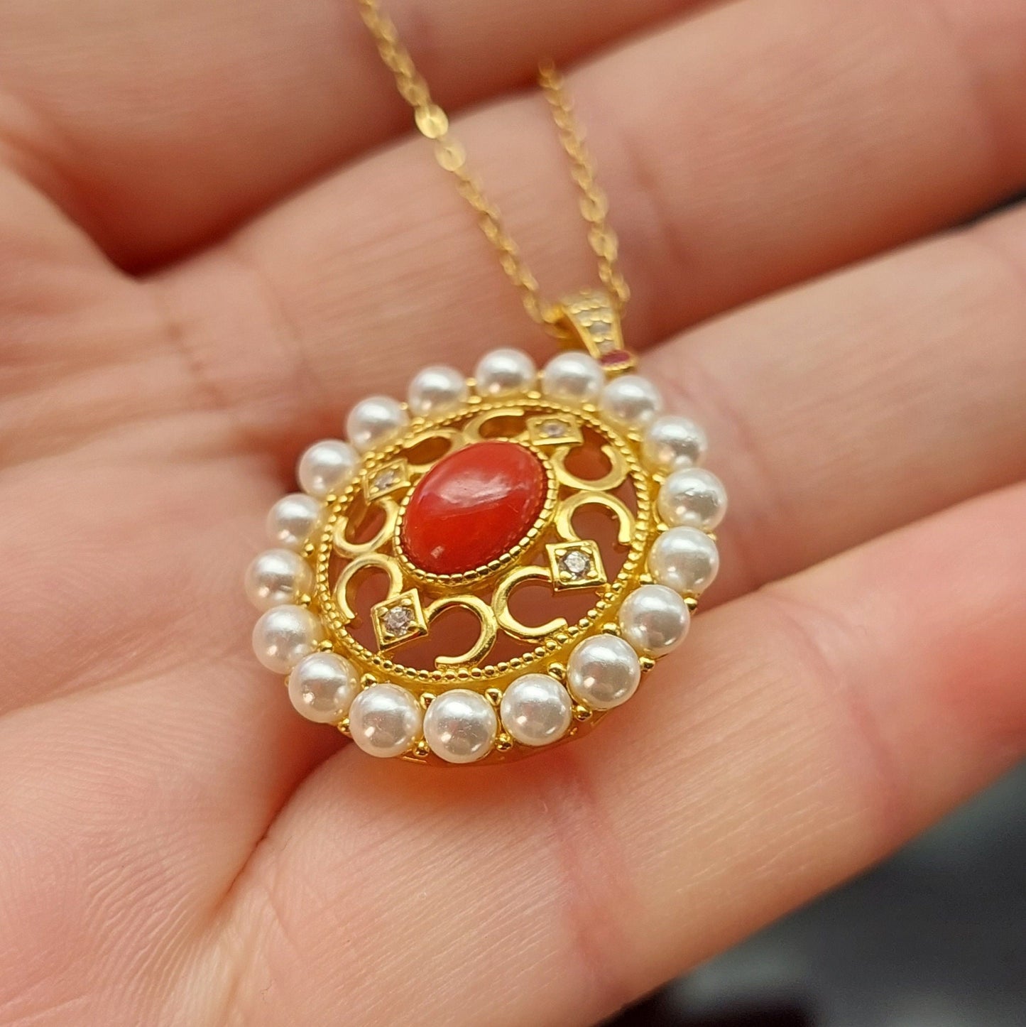 18K gold filled 925 sterling silver natural pearl and coral pendant