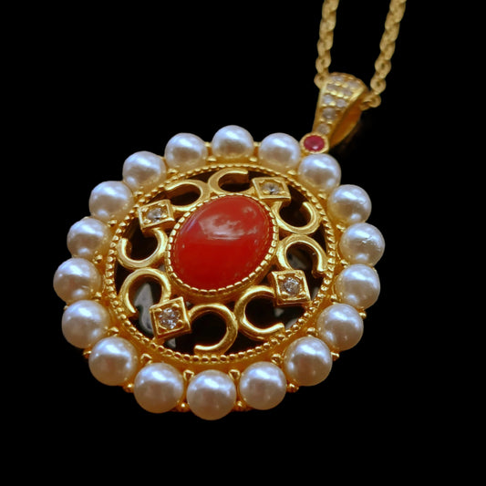 18K gold filled 925 sterling silver natural pearl and coral pendant