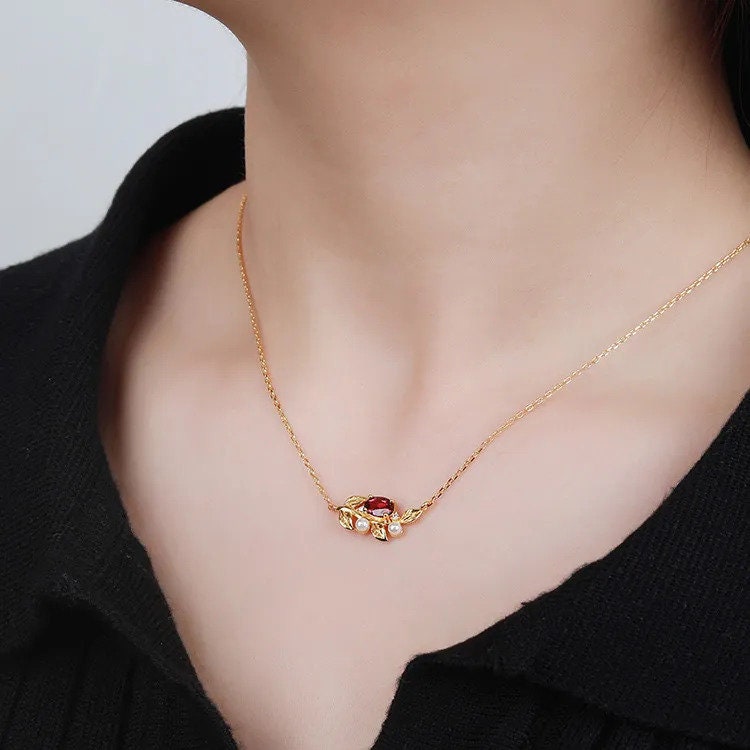 18K gold filled 925 sterling silver natural garnet and pearls pendant