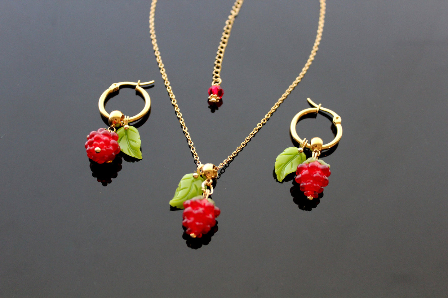 Handmade glazed glass raspberry jewelry set