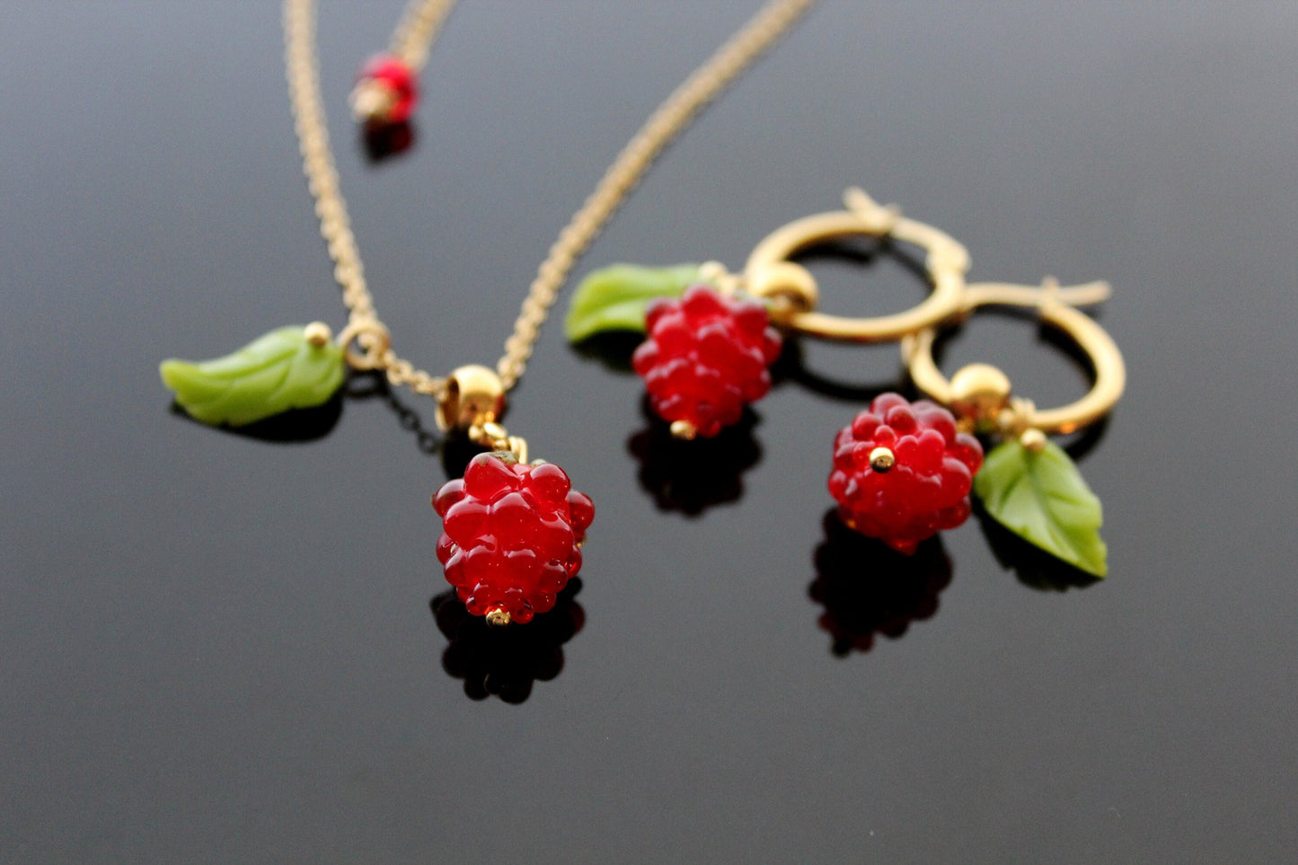 Handmade glazed glass raspberry jewelry set