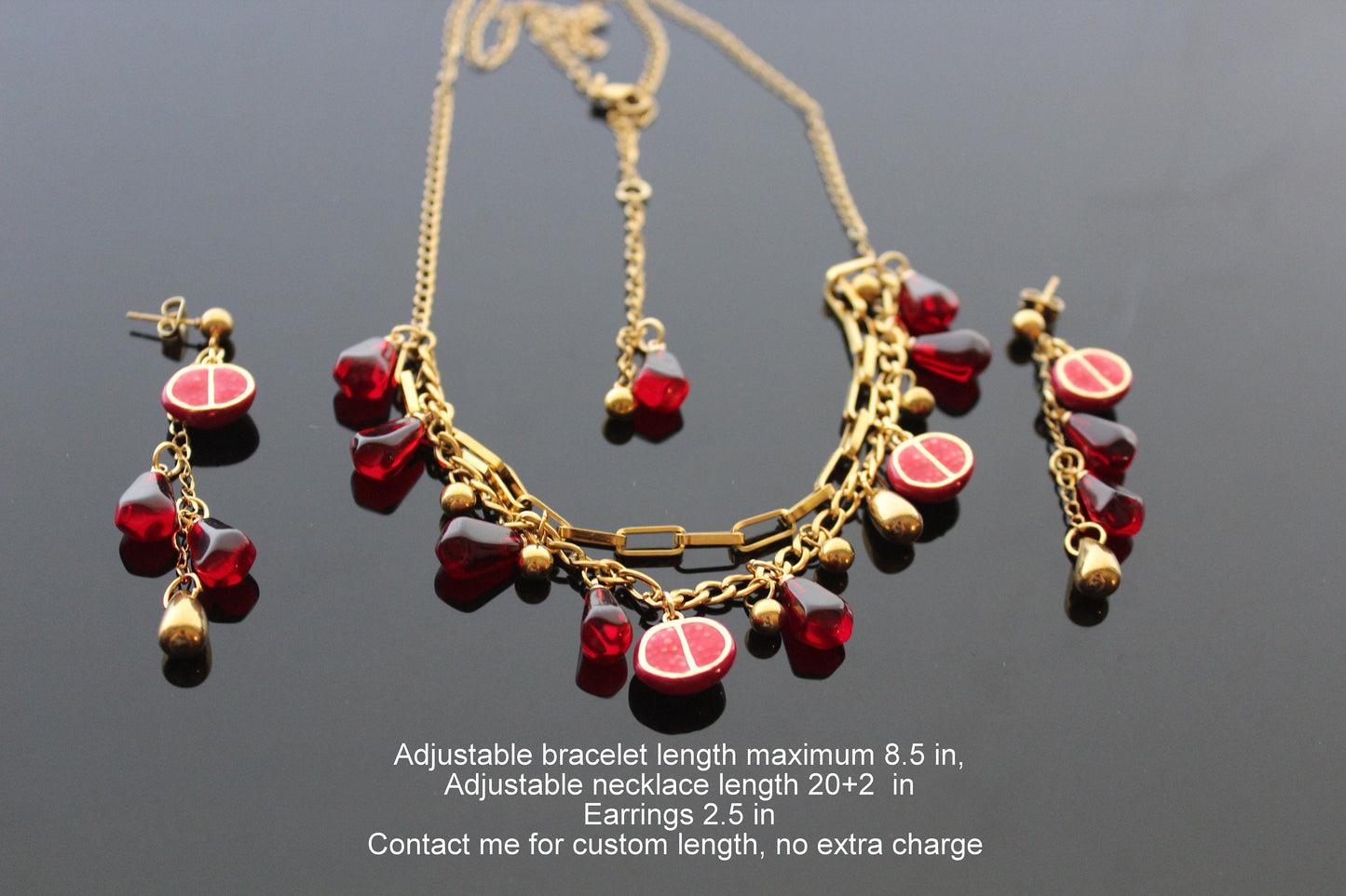 18K gold plated handmade stainless still pomegranate non tarnish jewelry set