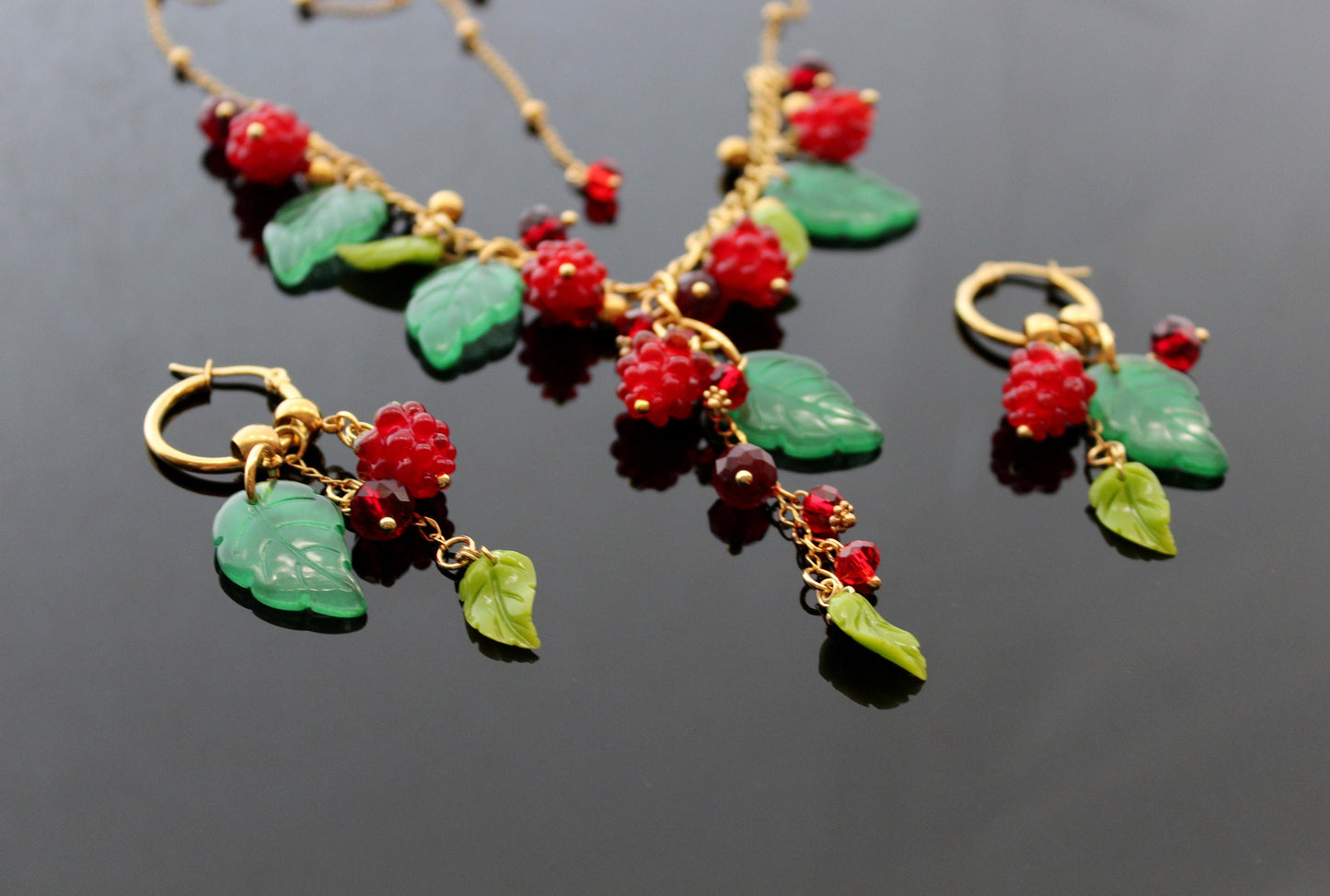 Handmade glazed glass raspberry jewelry set