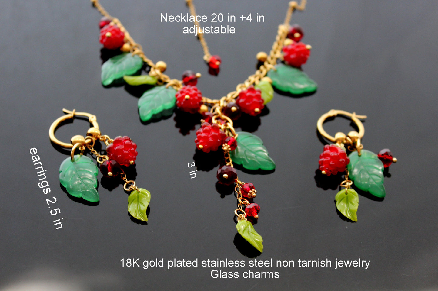 Handmade glazed glass raspberry jewelry set