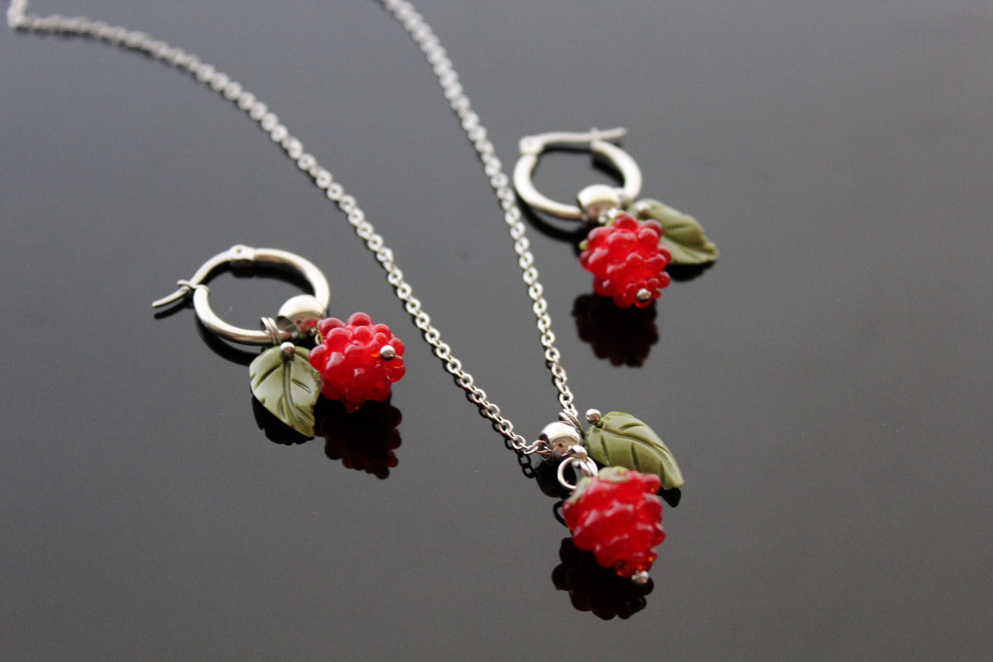 Handmade glazed glass raspberry jewelry set